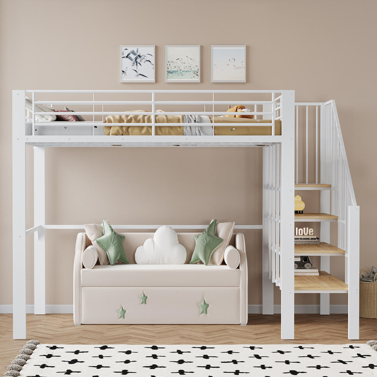 HOCHBETT 140/200 cm Weiß aus Metall und Holz mit Treppe - Weiß, Metall (140/200cm) - OKMYHOME