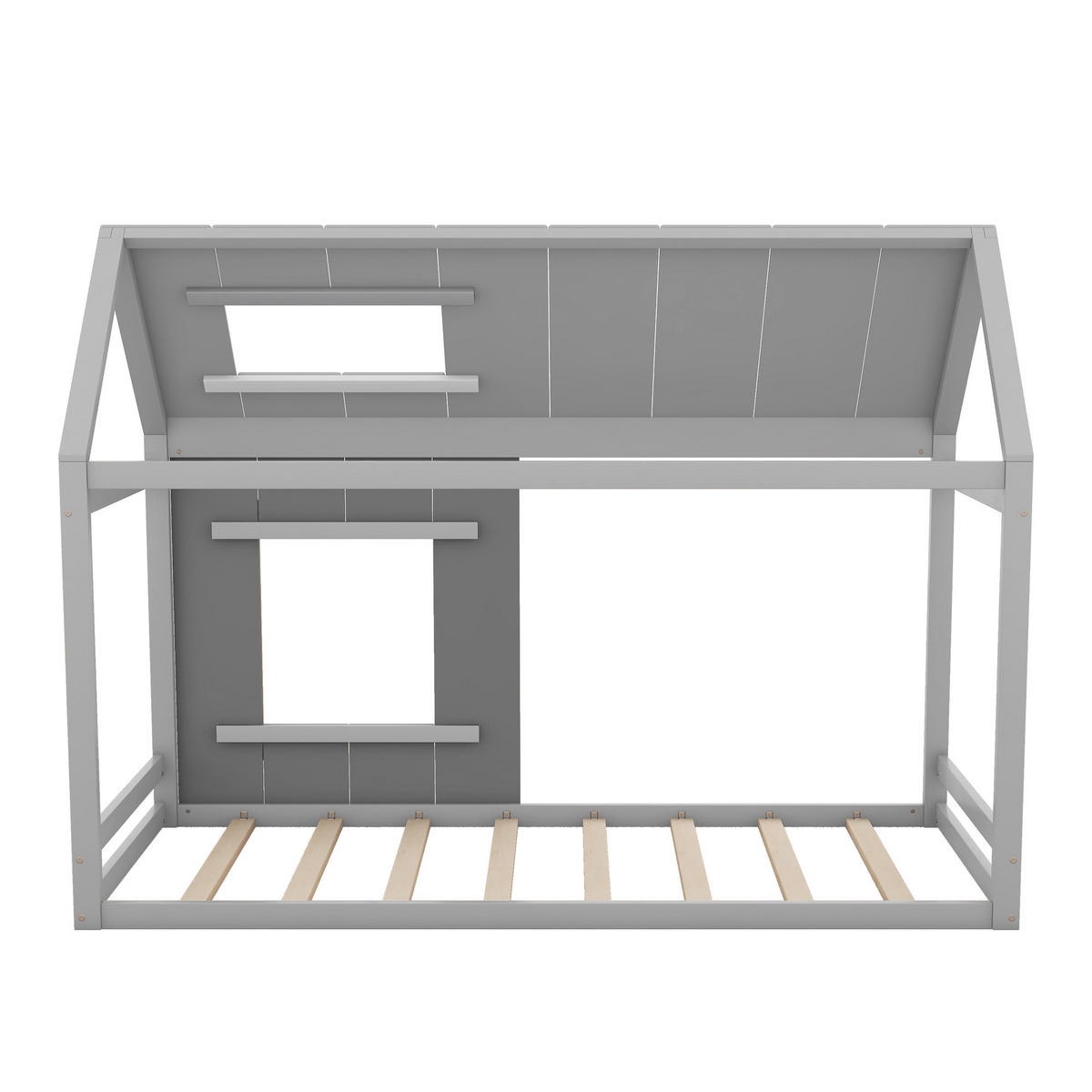 KINDERBETT 90x200cm Dunkelgrau + Hellgrau Hausform Flachbett mit Dach - Grau, Holz (90/200cm) - FLIEKS