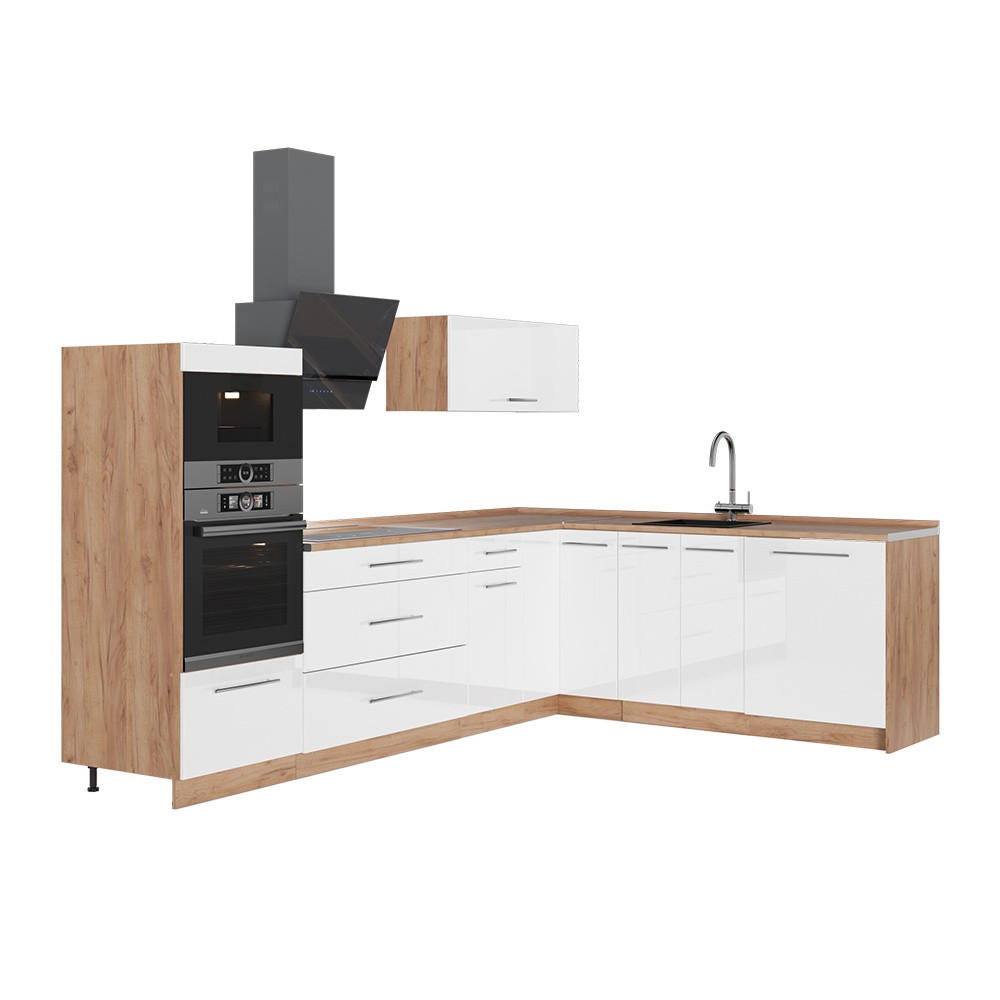 HÖRNKÖK Fame-Line, Vit högblank/Goldkraft ek, 287 x 207 cm, AP Oak - Honungsek/Vit högglans, Träbaserade material (287/153.6/60cm) - Vicco