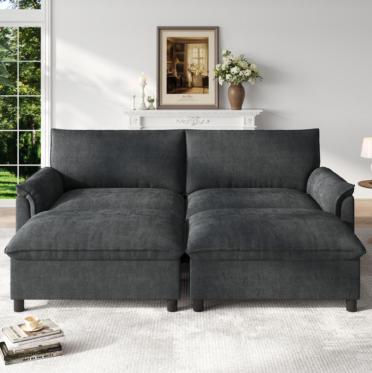 SOFA mit Fußhocker und Stauraum 216 x 77 x 82 cm Chenille Schwarz - Schwarz, Holzwerkstoff (77/82/216.1cm) - Meubliv