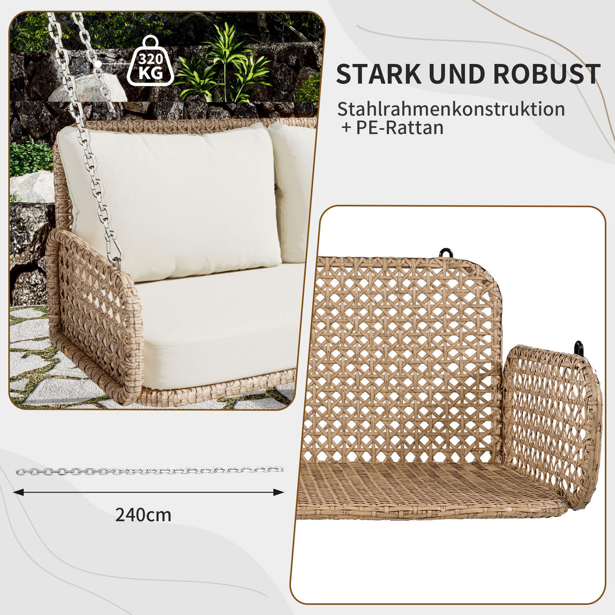 SCHAUKEL 2 Personen Beige PE-Rattan Belastbar 320 kg - Beige, Metall (56/23/113cm) - FLIEKS