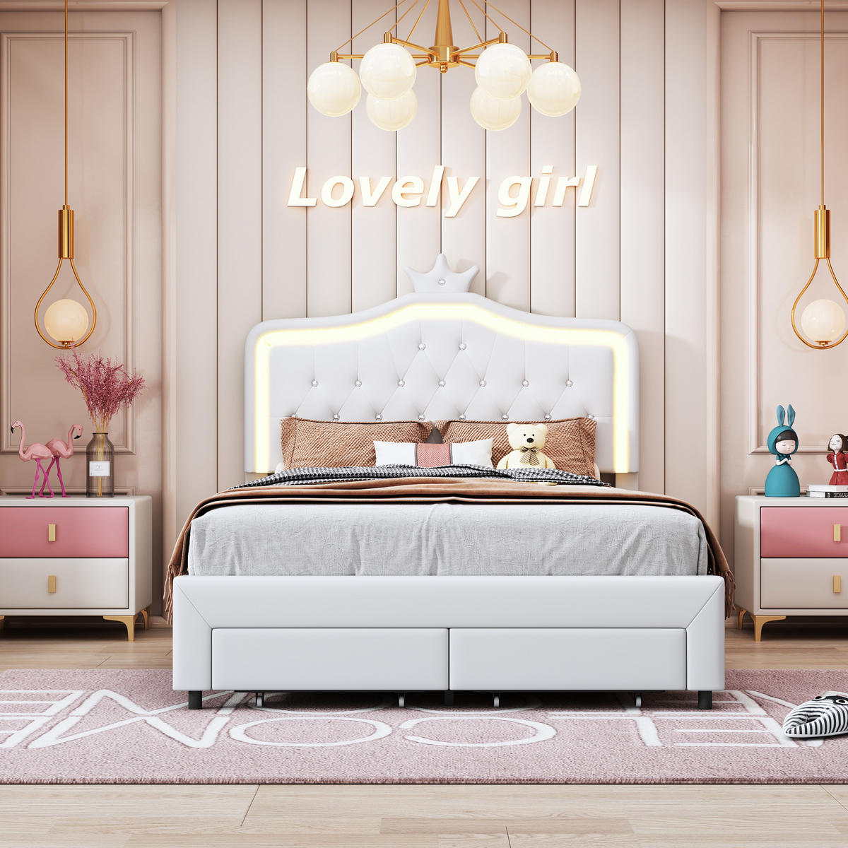 POLSTERBETT Princess Crown 140x200 cm mit höhenverstellbarem Kopfteil, PU, doppelbett mit Lattenrost & LED-Beleuchtung, Weiß - Weiß, Leder/Holz (140/200cm) - BursDany