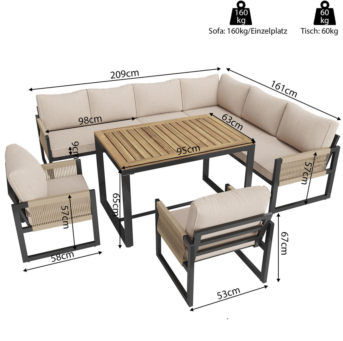 GARTENMÖBEL-SET mit Tisch & modularen Sitzen, 100/58/67 cm, Beige - Beige, Metall - Redom