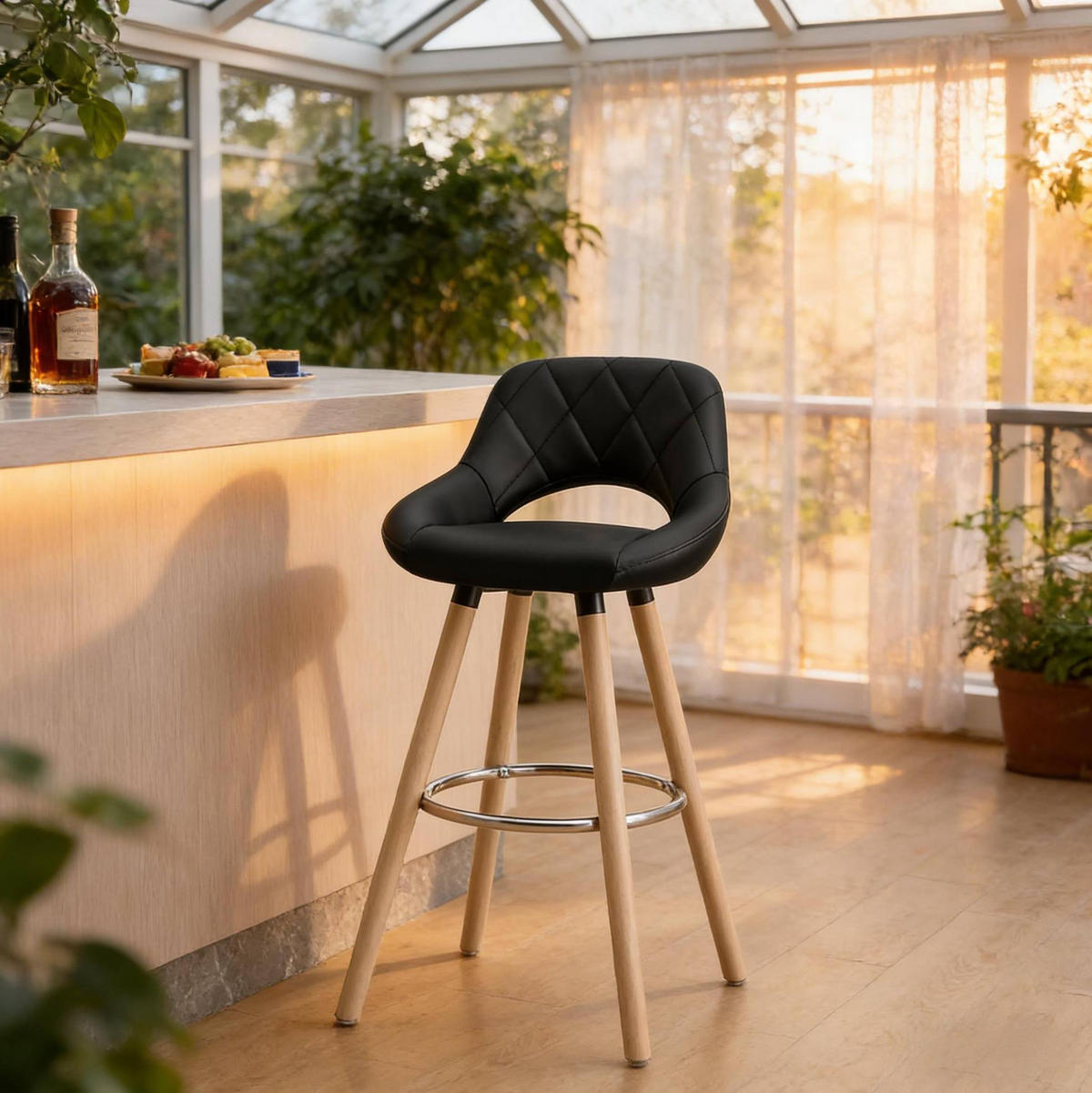 BARHOCKER mit Rückenlehne Sitzhöhe 68 cm Kunstleder Schwarz - Schwarz, Holz (40/70/43cm) - Meubliv