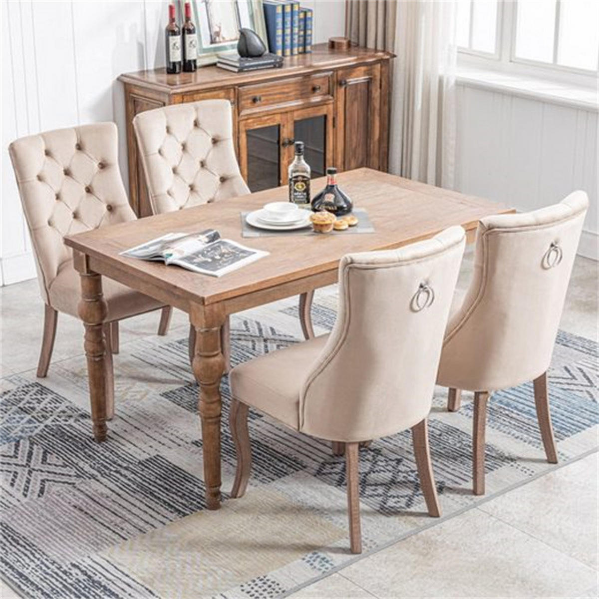 STUHL-SET 4 Stück in Beige Samt - Beige, Holz/Fell (47/97/51cm) - KOMHTOM