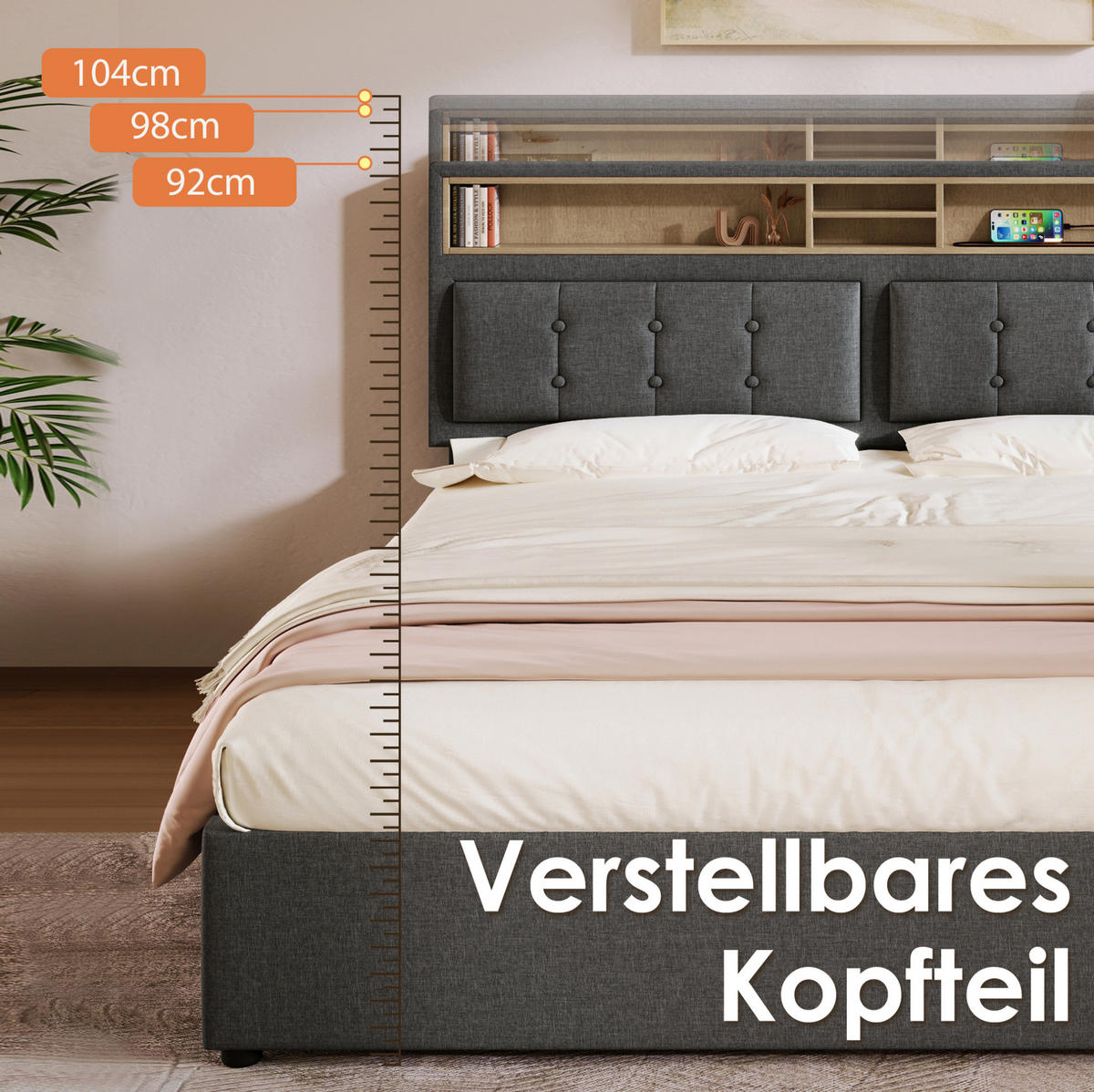 POLSTERBETT 160/200 cm Grau mit Stauraum und USB- und Type-C-Anschlüssen - Grau, Textil (160/200cm) - Flora Grace