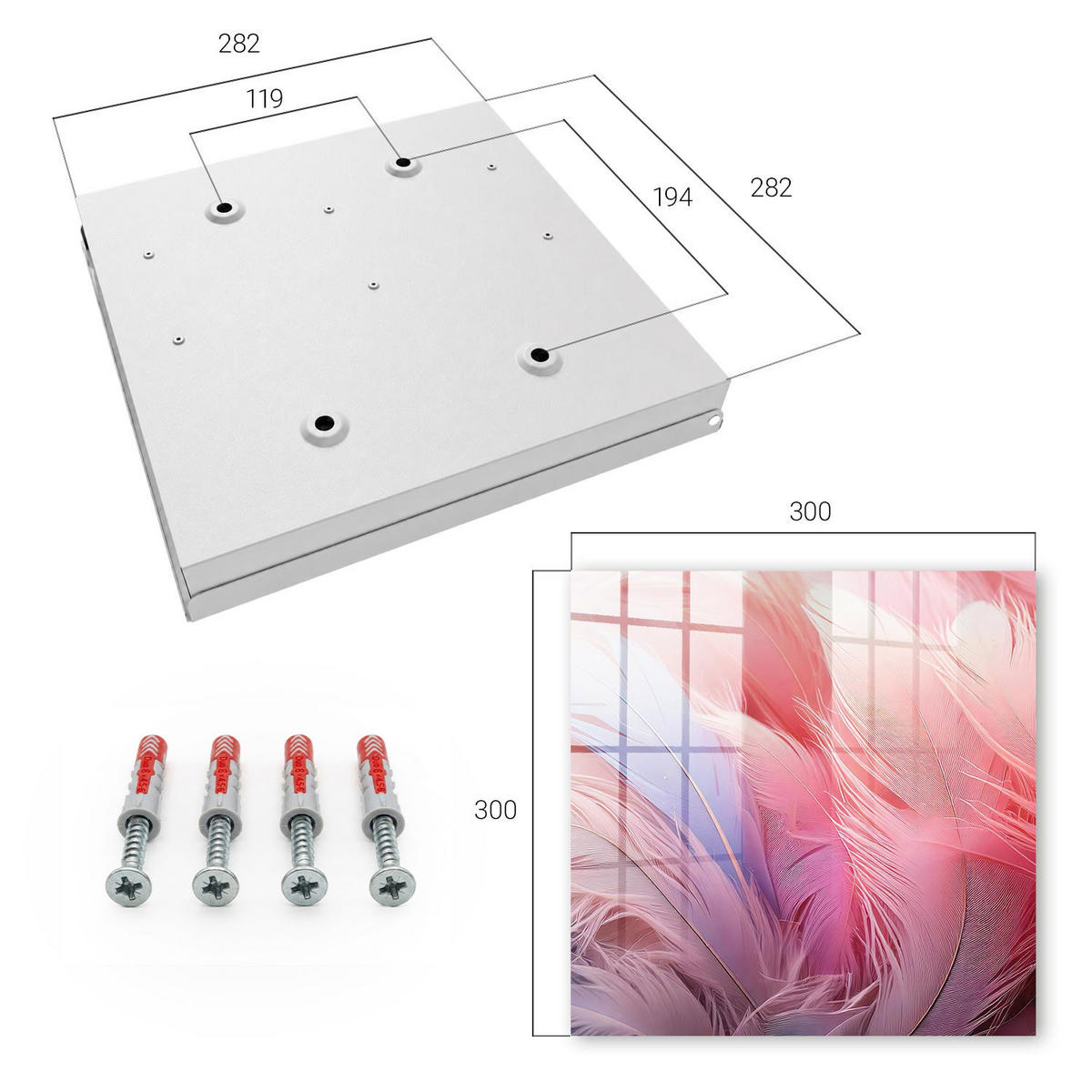 SCHLÜSSELBOX Weiß 30x30 cm – Türöffnung nach rechts - Wunderschöne rosa Federn - Pink, Metall (30/30/5cm) - TULUP