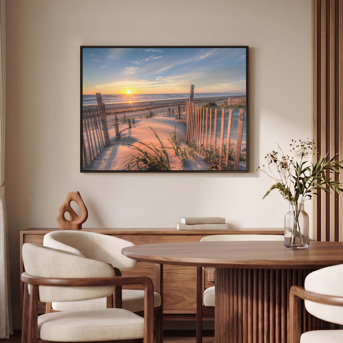 LEINWAND Bilder mit Rahmen - Strand - Meer - Düne - Sonnenuntergang - Landschaft - 100x70 - Beige, Textil (100/70cm) - MuchoWow