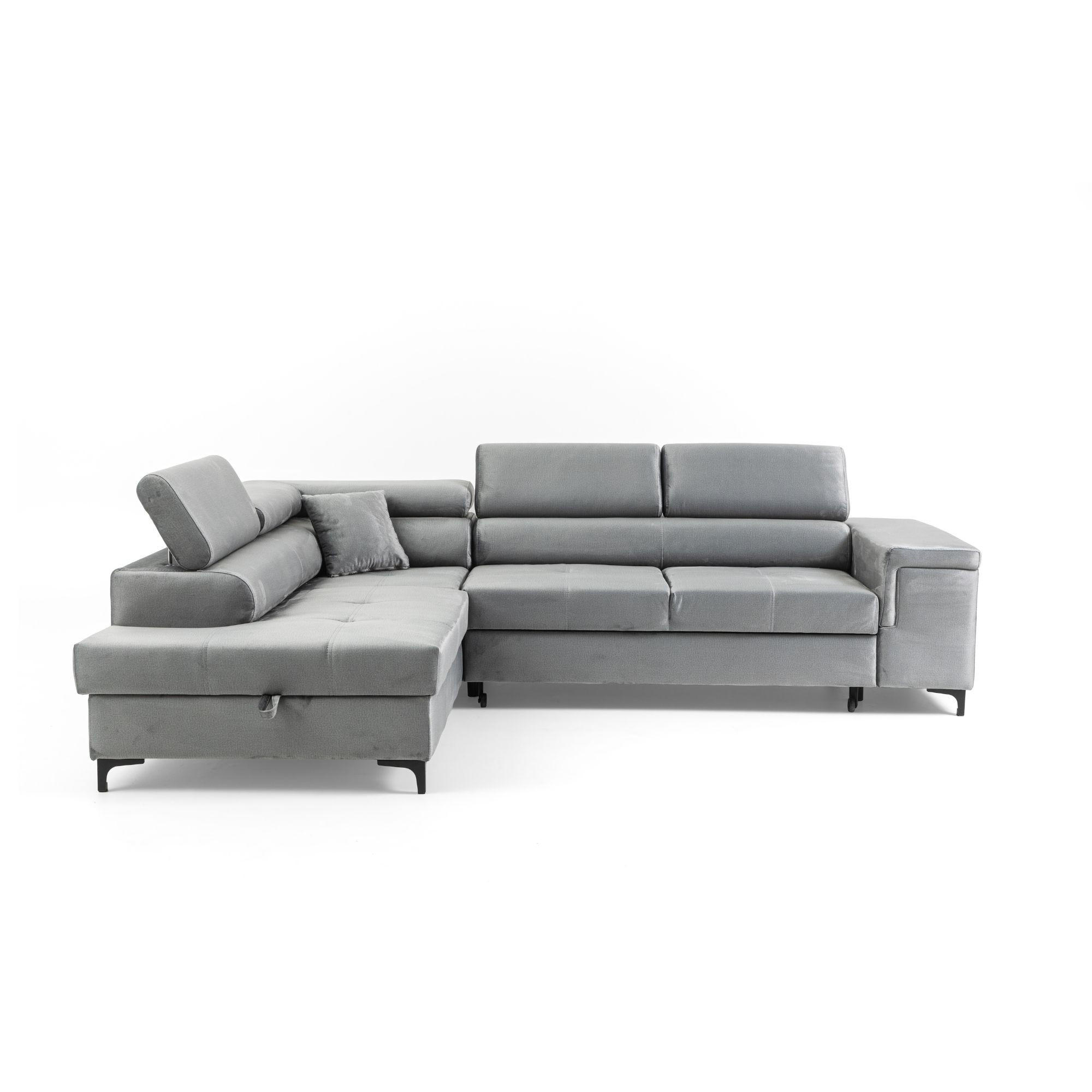 ECKSOFA WILLIAM L Links mit Schlaffunktion 127x195 Velours Hellgrau - Silberfarben/Hellgrau, Holz/Textil (275/203cm) - Muffo