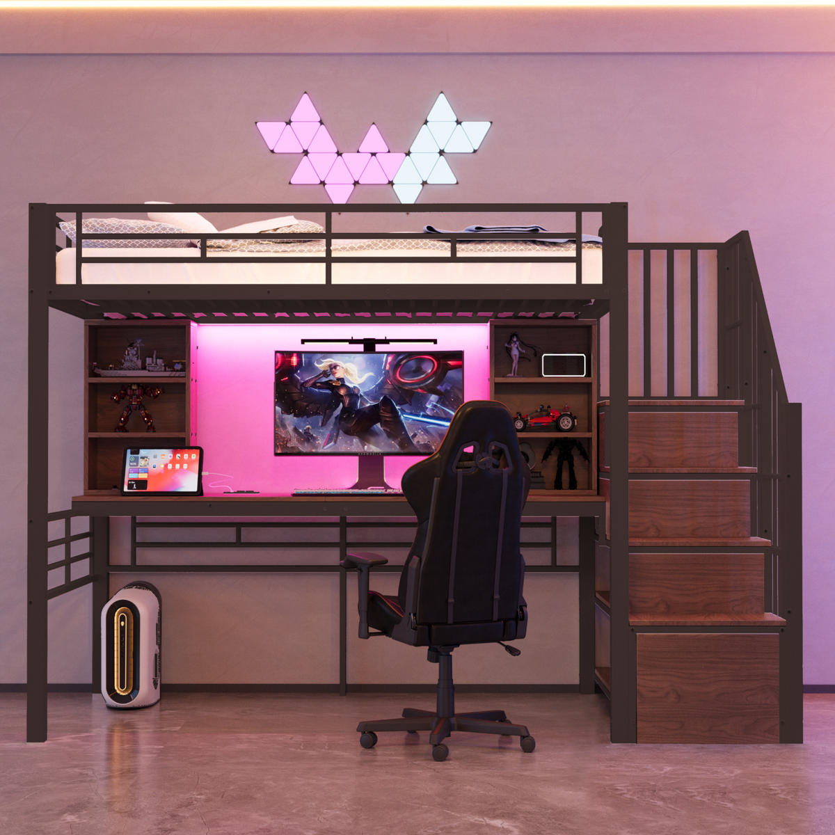 HOCHBETT 90/200 cm DE-01533, in Schwarz, mit Schreibtisch, Steckdose, LED und Stauraumtreppe - Schwarz, Metall (90/200cm) - ComfortXL