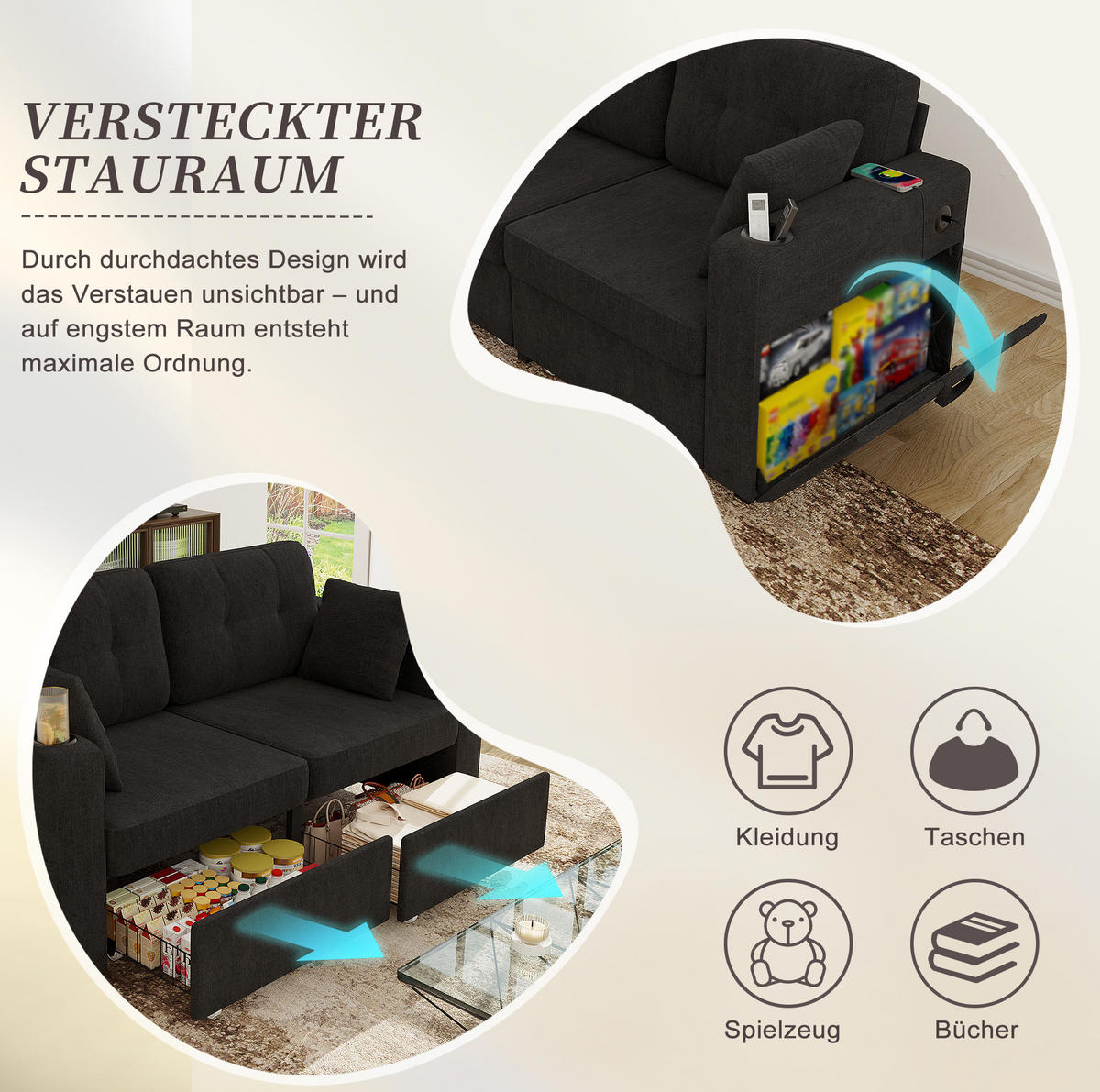 2-SITZER Sofa 172/75/82 cm mit USB-Anschlüssen, Stauraumschubladen und Getränkehaltern, Chenille, Schwarz - Schwarz, Textil (172/82/75cm) - Redom