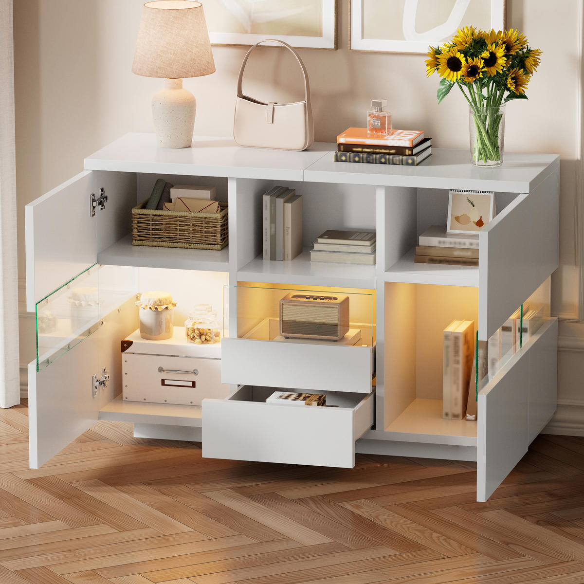 SIDEBOARD 140/35/75 cm in Weiß mit Glas-Elementen, Schubladen & offenen Fächern - Weiß, Holzwerkstoff (140/75/35cm) - BEAOK