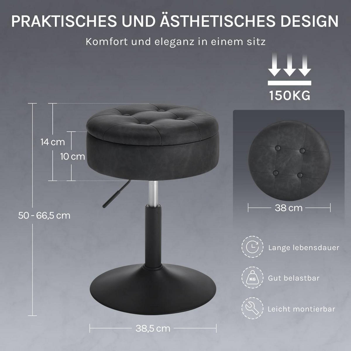 SITZHOCKER 2er Set, mit Stauraum, Kunstleder, Anthrazit - Anthrazit/Schwarz, Textil/Metall (38.5/50/38.5cm) - Woltu