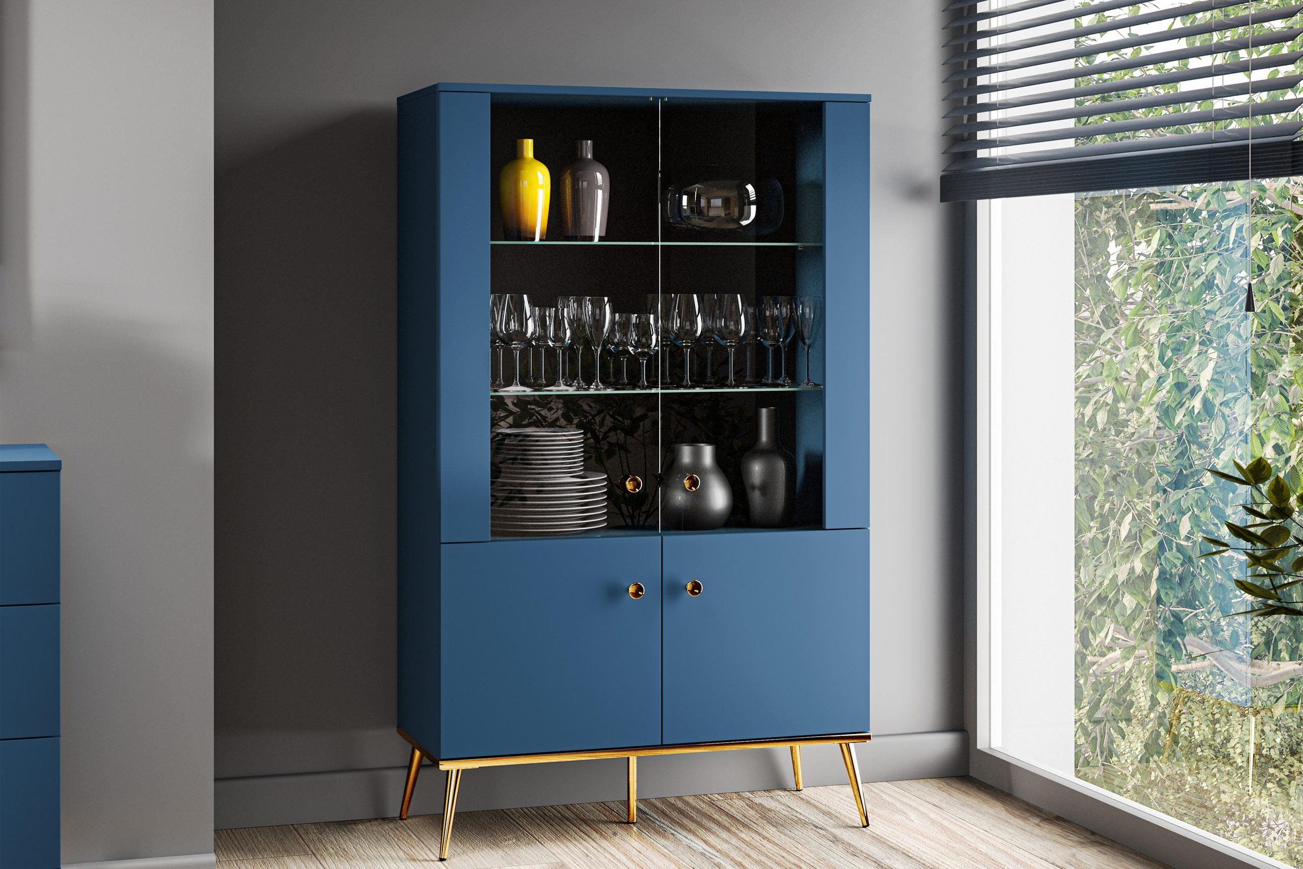 VITRINENSCHRANK ARICIA mit Glaseinlegeböden, Marineblau - Blau, Holz (92/152/40cm) - KONSIMO®