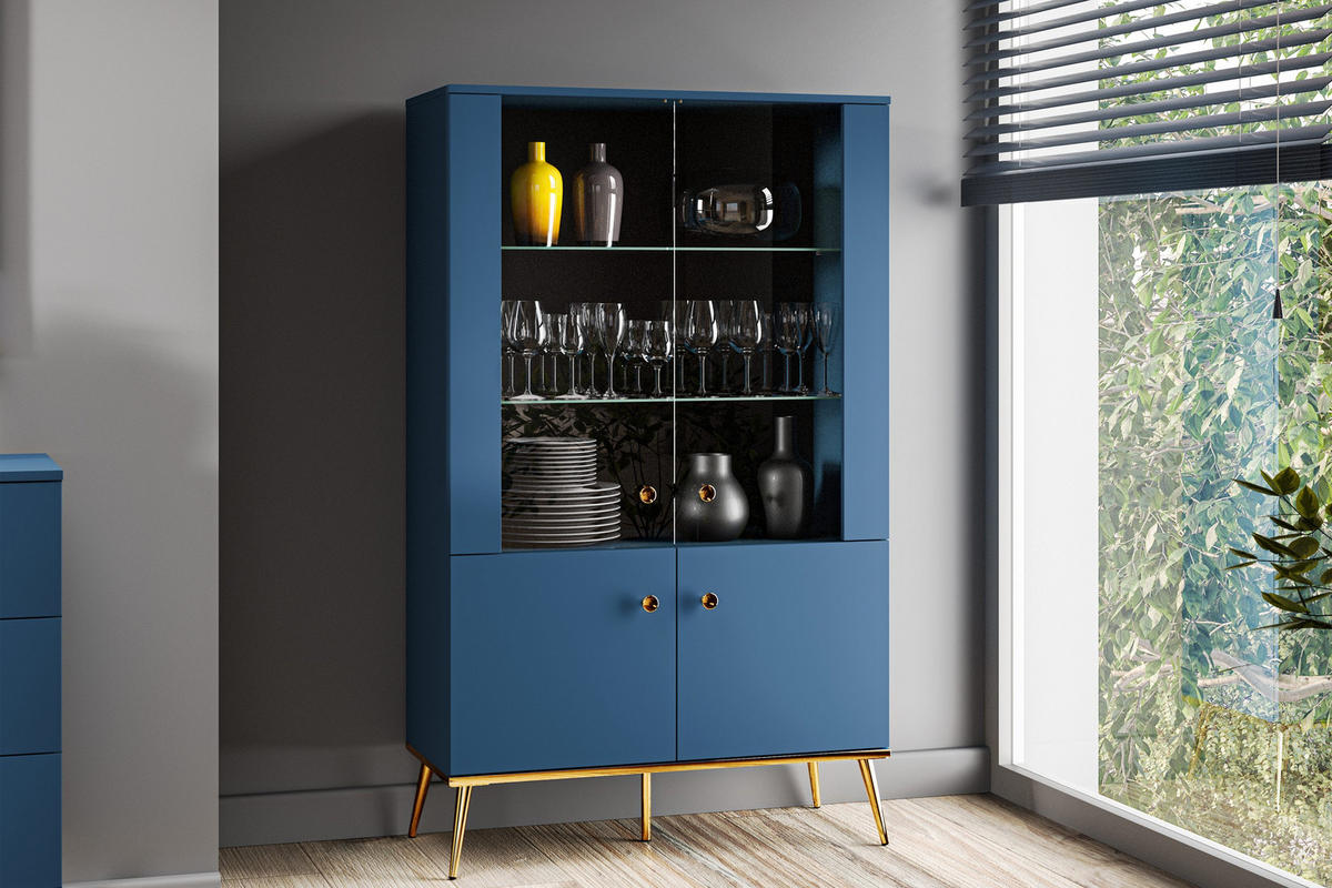 VITRINENSCHRANK ARICIA mit Glaseinlegeböden, Marineblau - Blau, Holz (92/152/40cm) - KONSIMO®