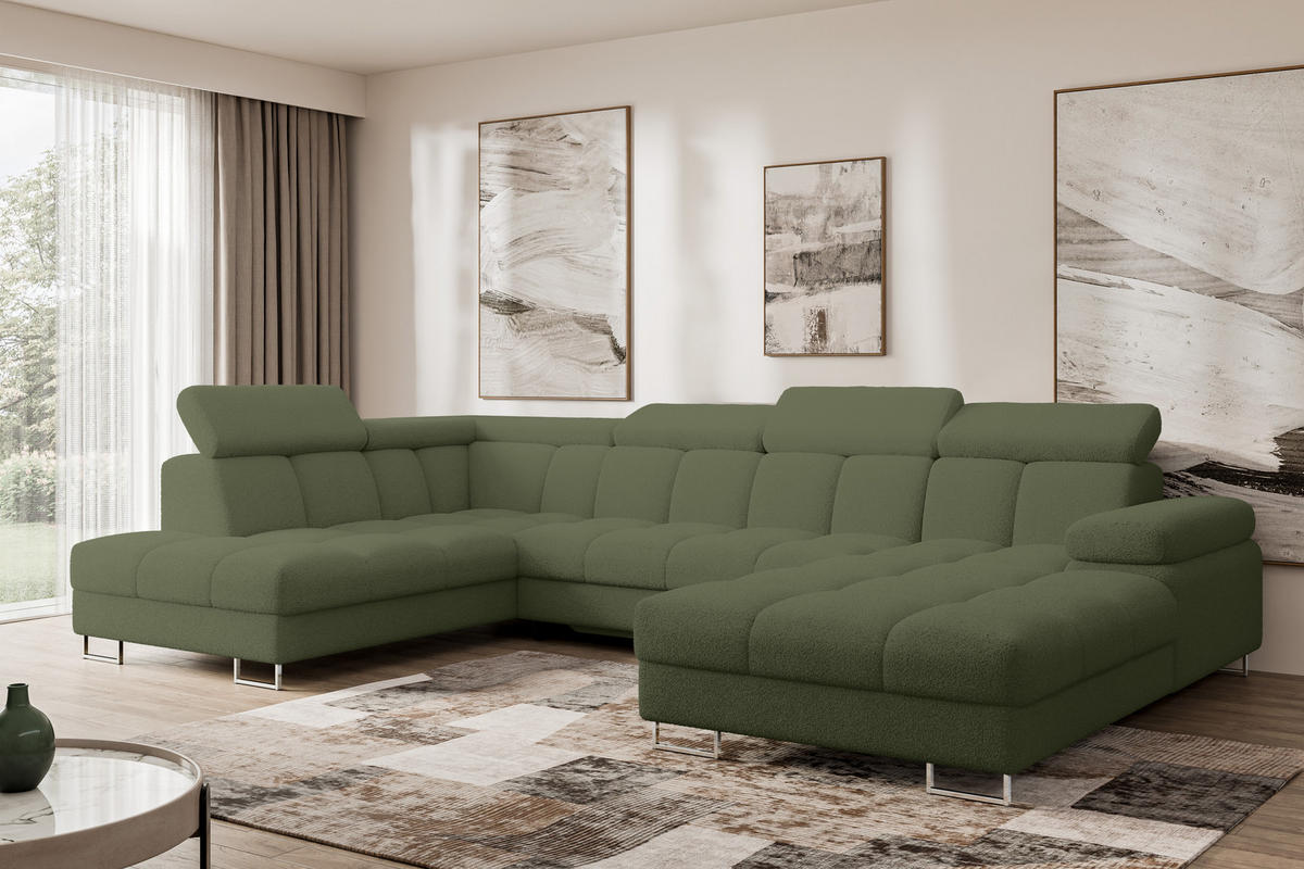 WOHNLANDSCHAFT mit Schlaffunktion und Bettkasten Ottomane Links COMA U 345x203x79 Grün Bouclé - Smaragdgrün, Holzwerkstoff/Textil (345/79/203cm) - ALTDECOR