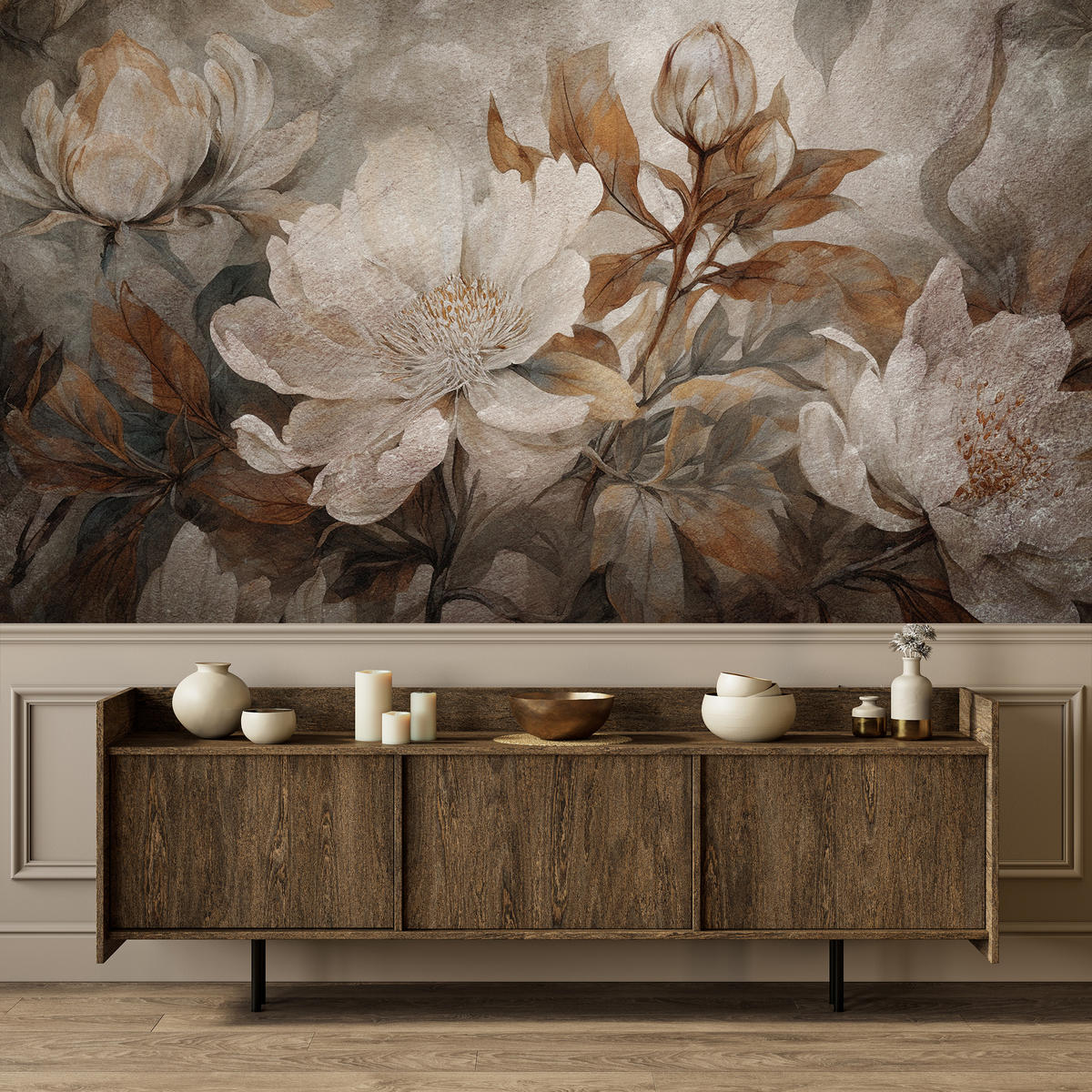 FOTOTAPETE für Wohnzimmer Blumen Blätter Pflanzen Natur Retro Stil 400x280 - Beige/Orange, Papier (400/280cm) - Muralo