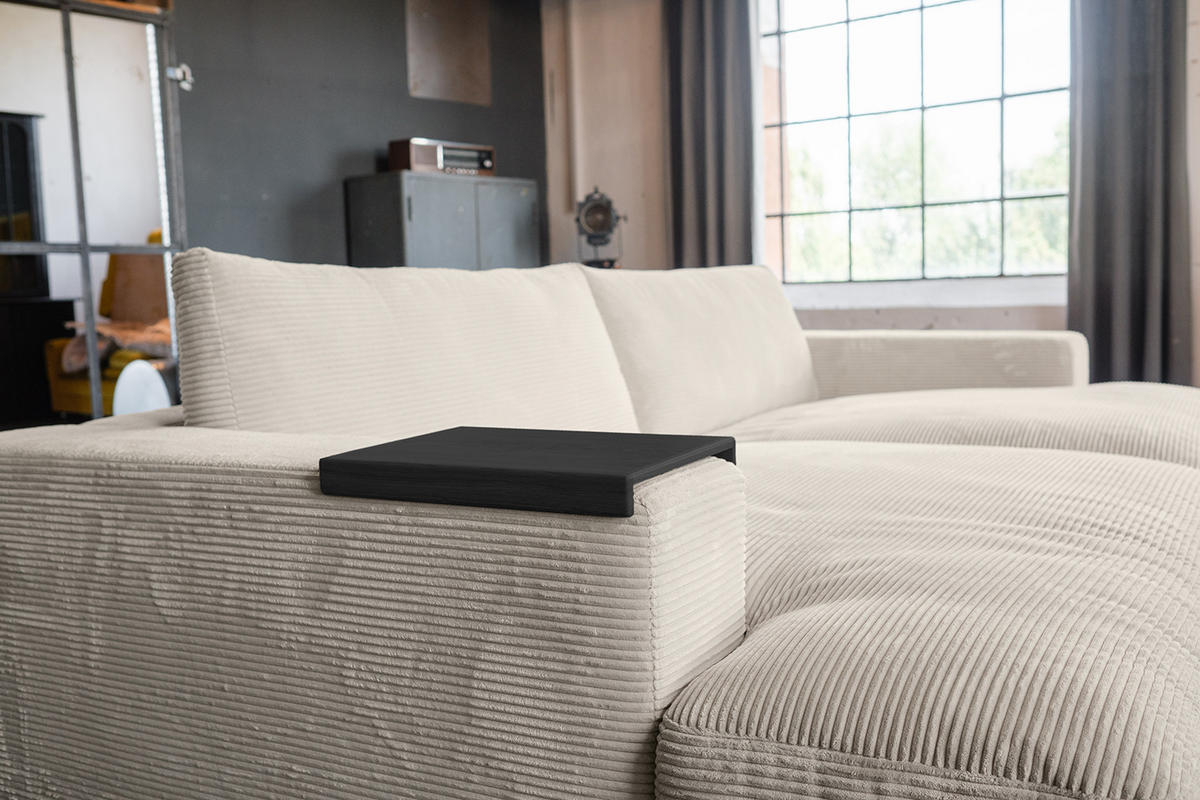 BIG SOFA-SET MIT TABLETT SCHWARZ MADELINE Cremeweiß Cord - Creme/Schwarz, Kunststoff/Textil (290/85/170cm) - KAWOLA