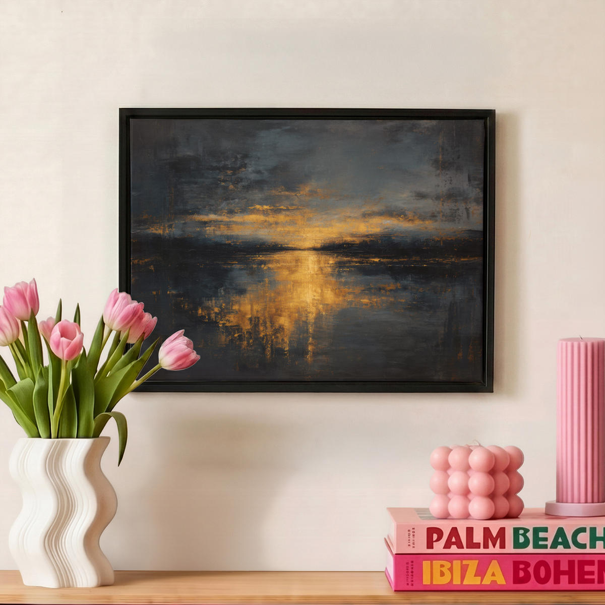 LEINWAND Bilder mit Rahmen - Goldene Reflexion auf dem Wasser - 40x30 - Anthrazit, Textil (40/30cm) - MuchoWow