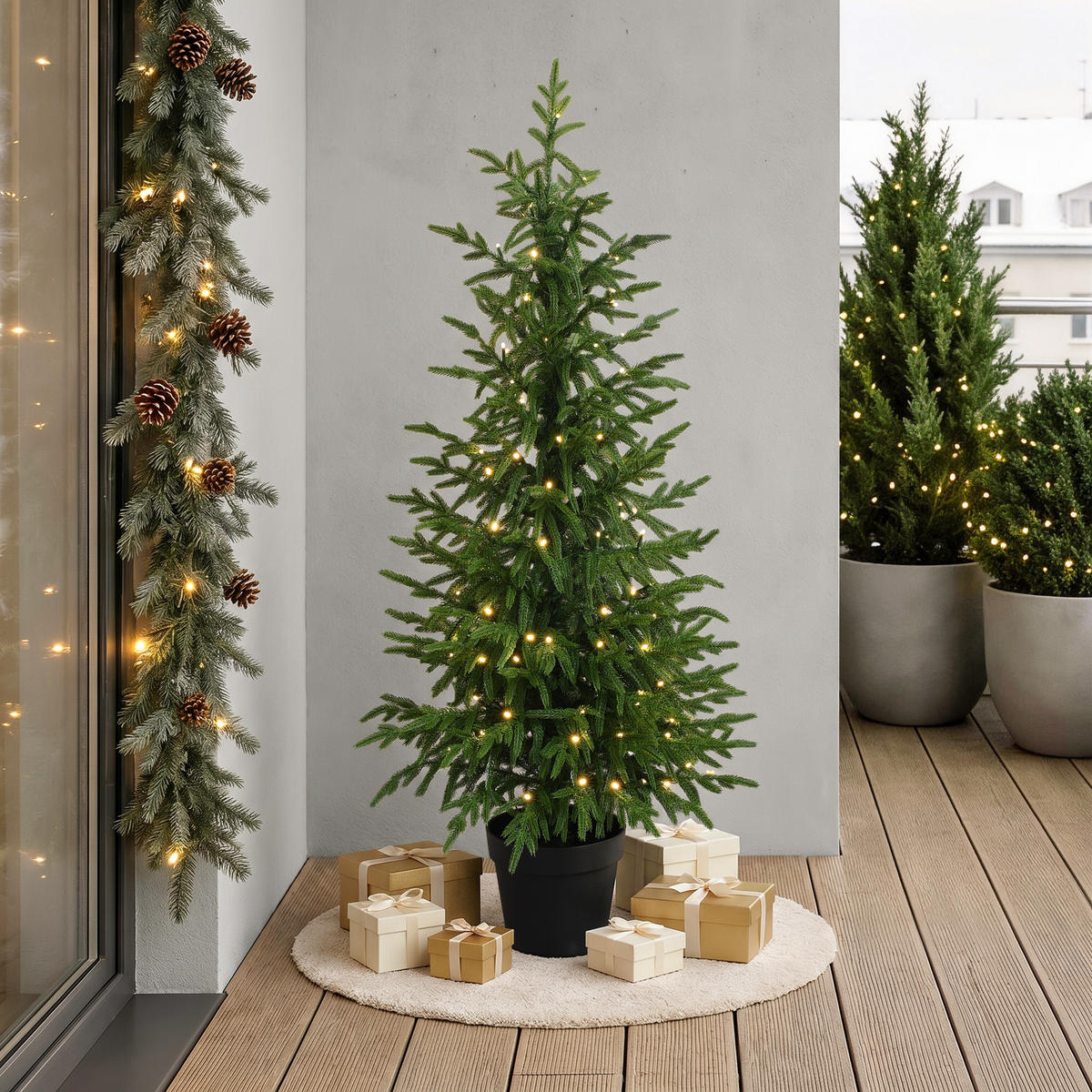 KÜNSTLICHER Weihnachtsbaum im Topf, 123 cm, 100 warmweiße LEDs - Grün, Kunststoff (52/123cm) - Hometopia