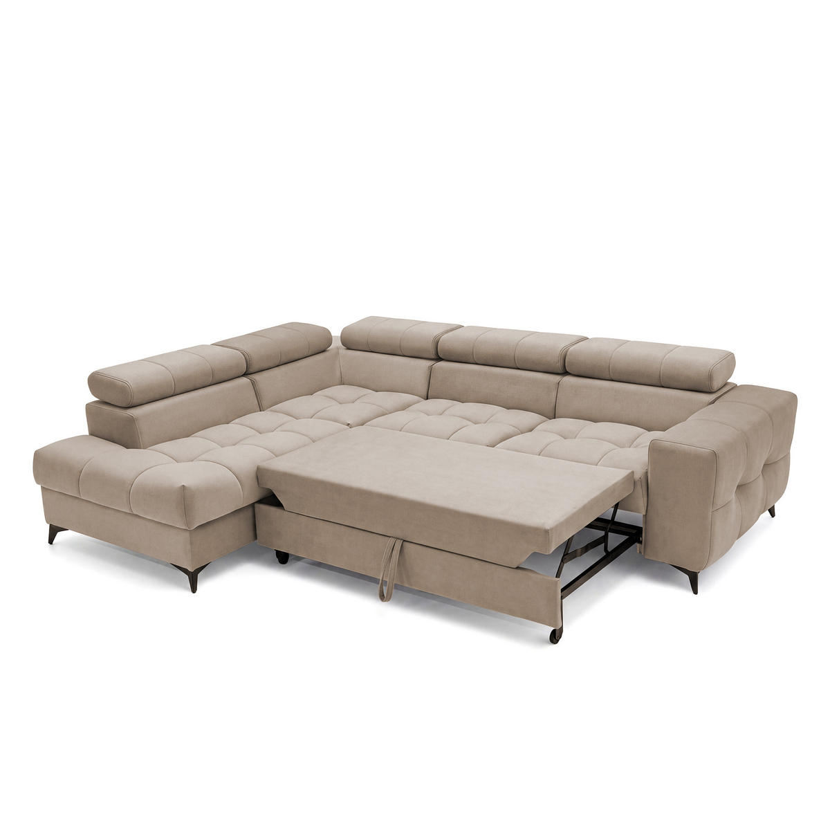 ECKSOFA PUDDING L Links mit Schlaffunktion 125x195 Velours Beige - Beige/Schwarz, Holz/Textil (203/275cm) - Muffo