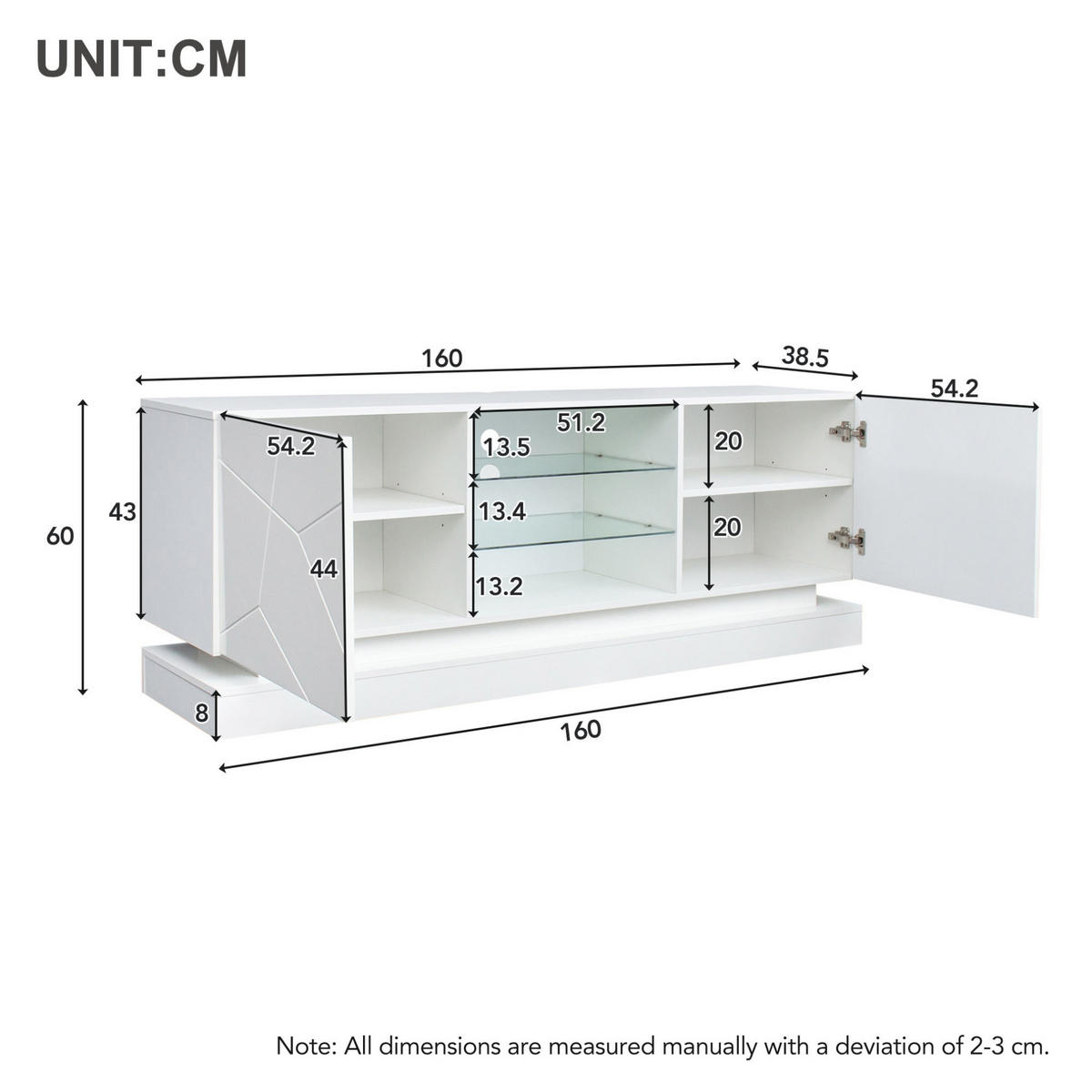 TV-SCHRANK in Weiß matt mit Türen und verstellbarer Glasablage 160/38.5/60 cm - Weiß, Holzwerkstoff (160/60/38.5cm) - Redom