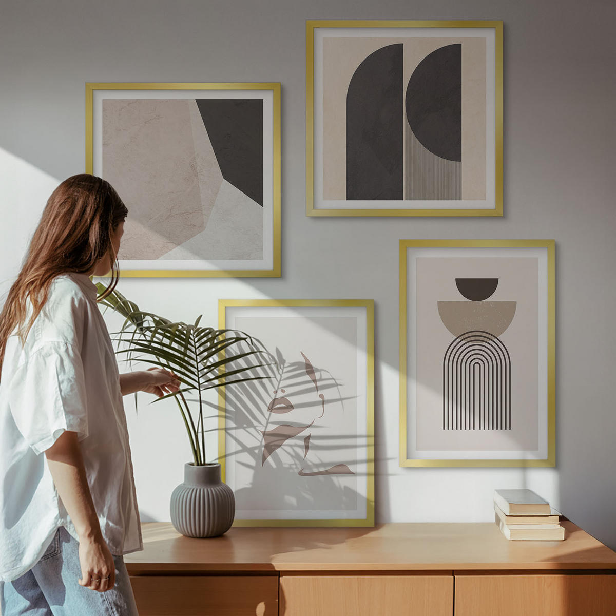 WANDBILDER 4er Set - 50x50 cm & 40x60 cm Goldrahmen - Abstrakte weiß-braune Muster - Goldfarben, Kunststoff (50/50cm) - ArtPrintCave