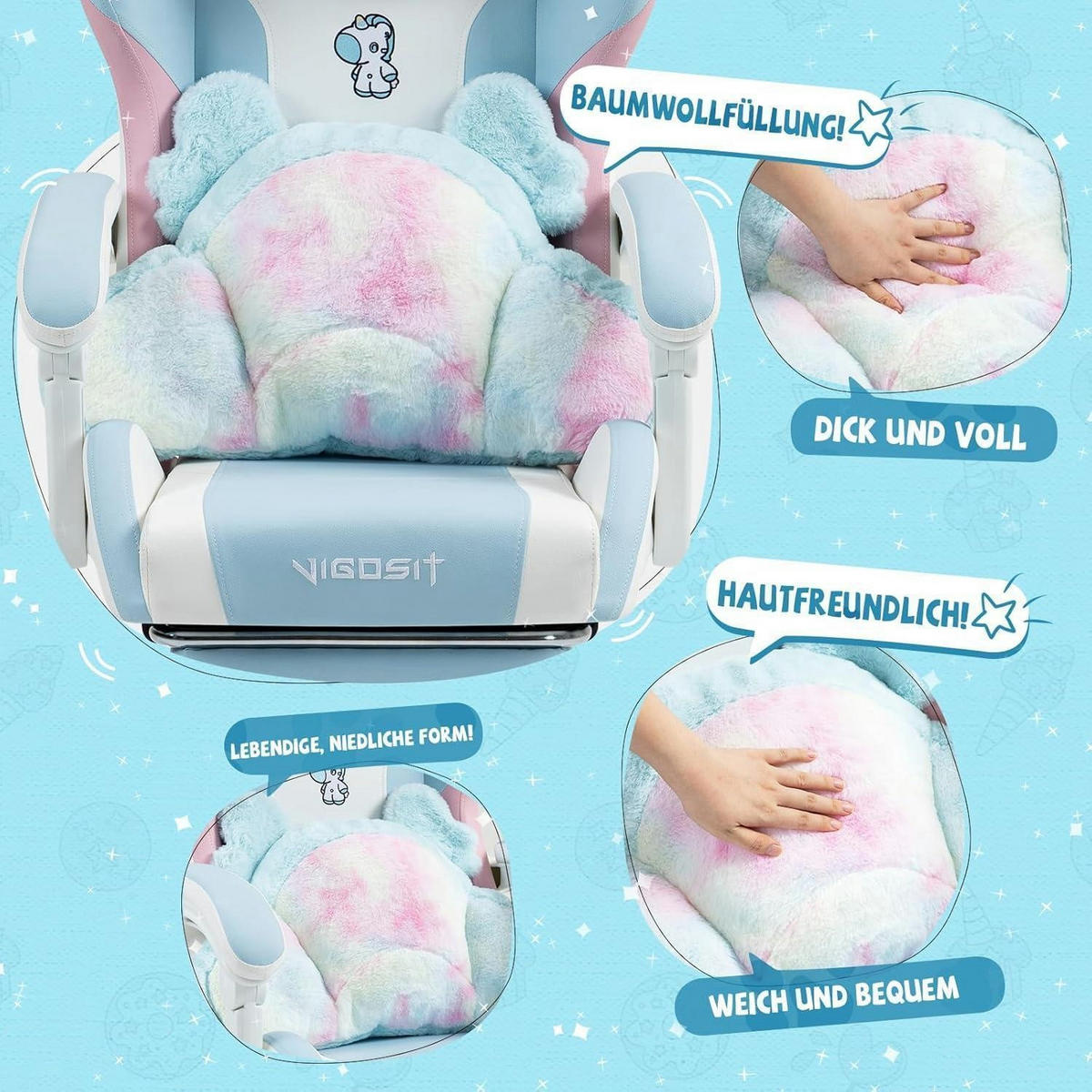 GAMING Stuhl mit Ohren und Kawaii Kissen, ergonomisch, mit Lendenwirbelstütze und Fußstütze, blau-pink - Blau, Textil (59/77/25cm)