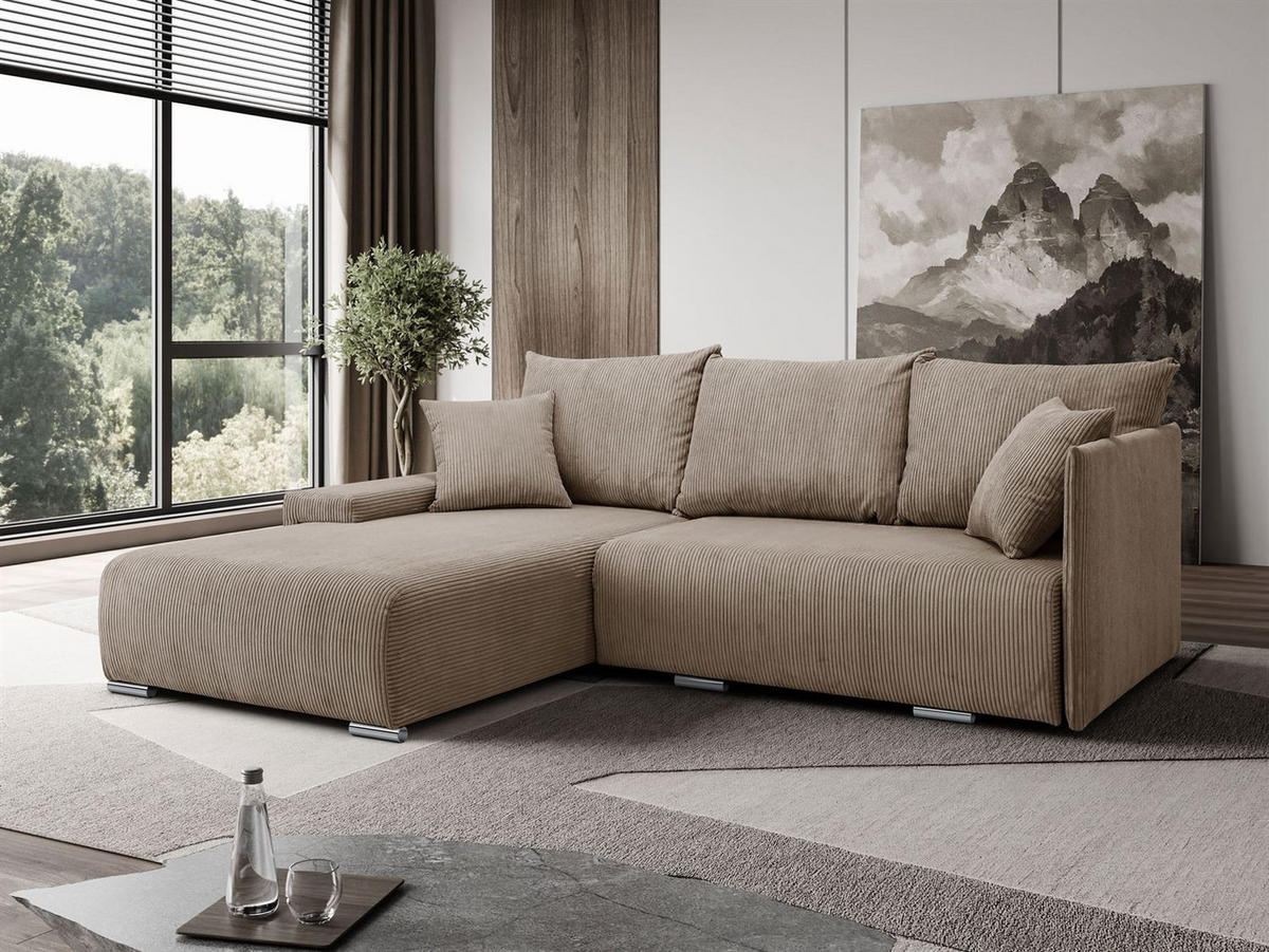 ECKSOFA Lauren L- Form 246 x 188 cm, 4 Sitzer, Bettzeugablage, Sofa, Eckcouch, Cord, links Seite, hellbraun - Hellbraun, Kunststoff (188/246cm) - Margaret Hadas24