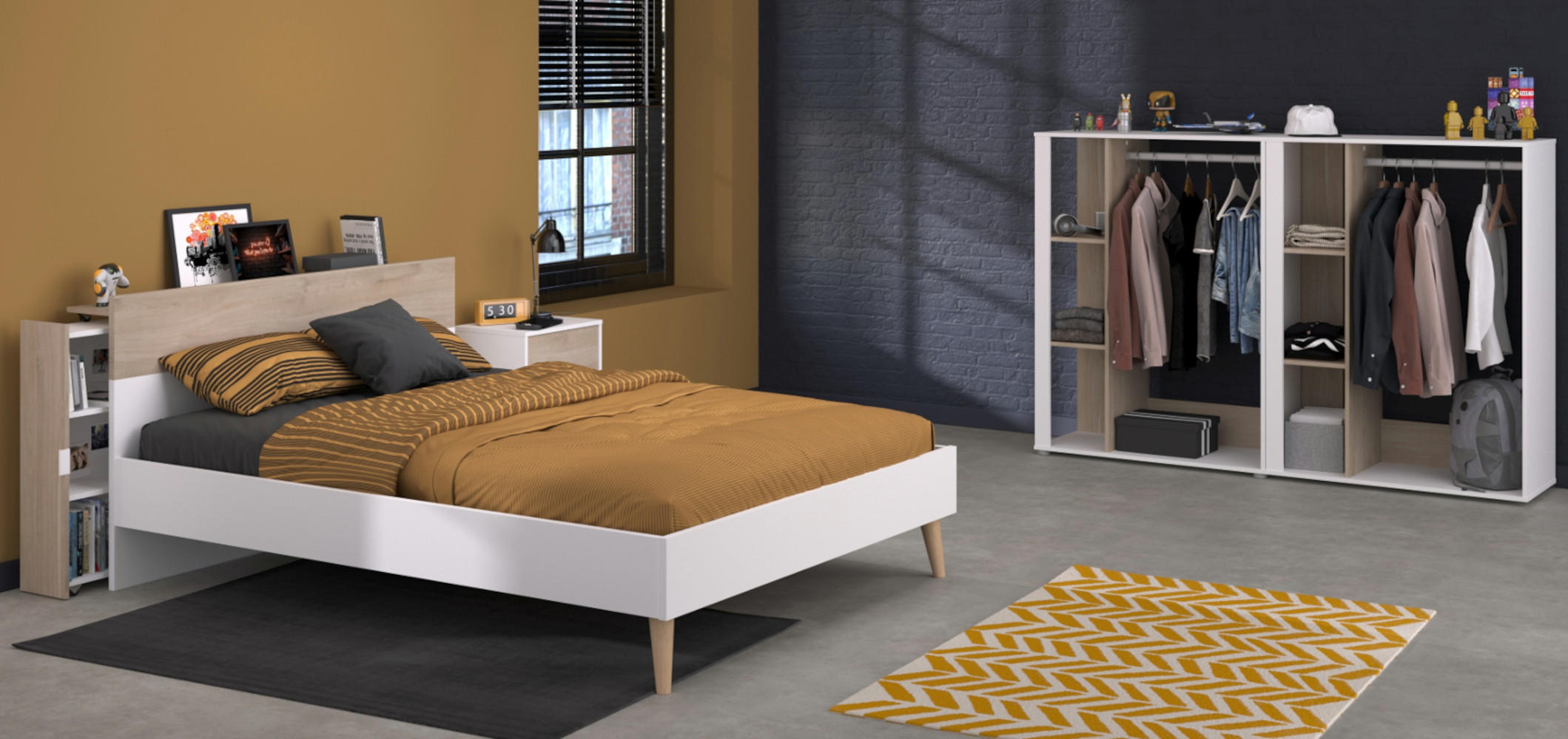 JUGENDZIMMER weiß, Eiche, Komplett-Set 5-teilig mit vielen Fächern - Eichefarben/Weiß, Holzwerkstoff (145/123/206cm) - Parisot Meuble