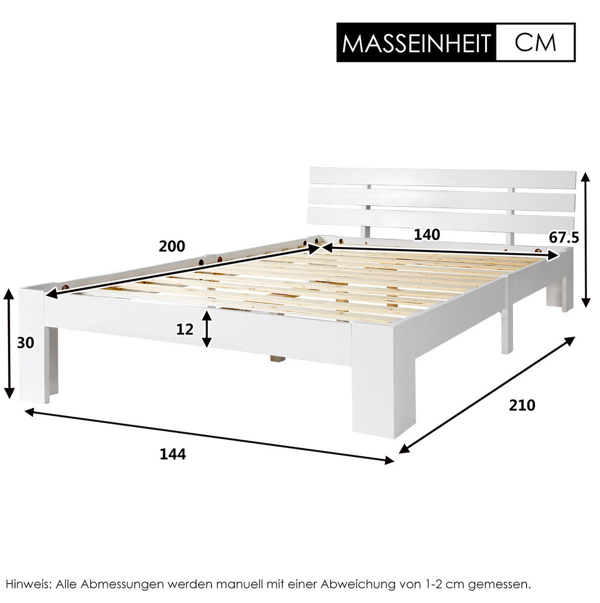 BETT 140/200 cm aus Massivholz mit Lattenrost, weiß - Weiß, Holz (140/200cm) - Redom