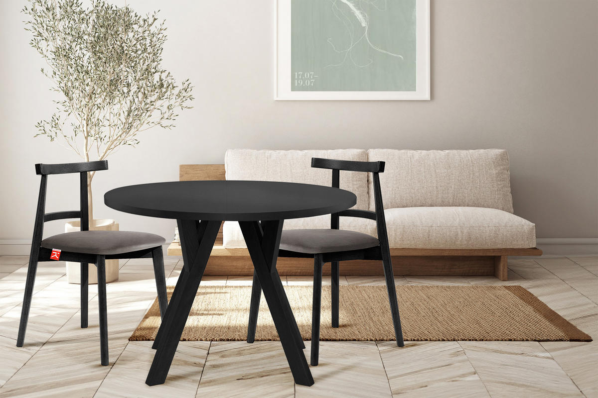 ESSTISCH INDAGA Ausziehbar 100-140cm Rund, mattes Schwarz - Schwarz Hochglanz/Schwarz, Holz (100/140/75cm) - KONSIMO®