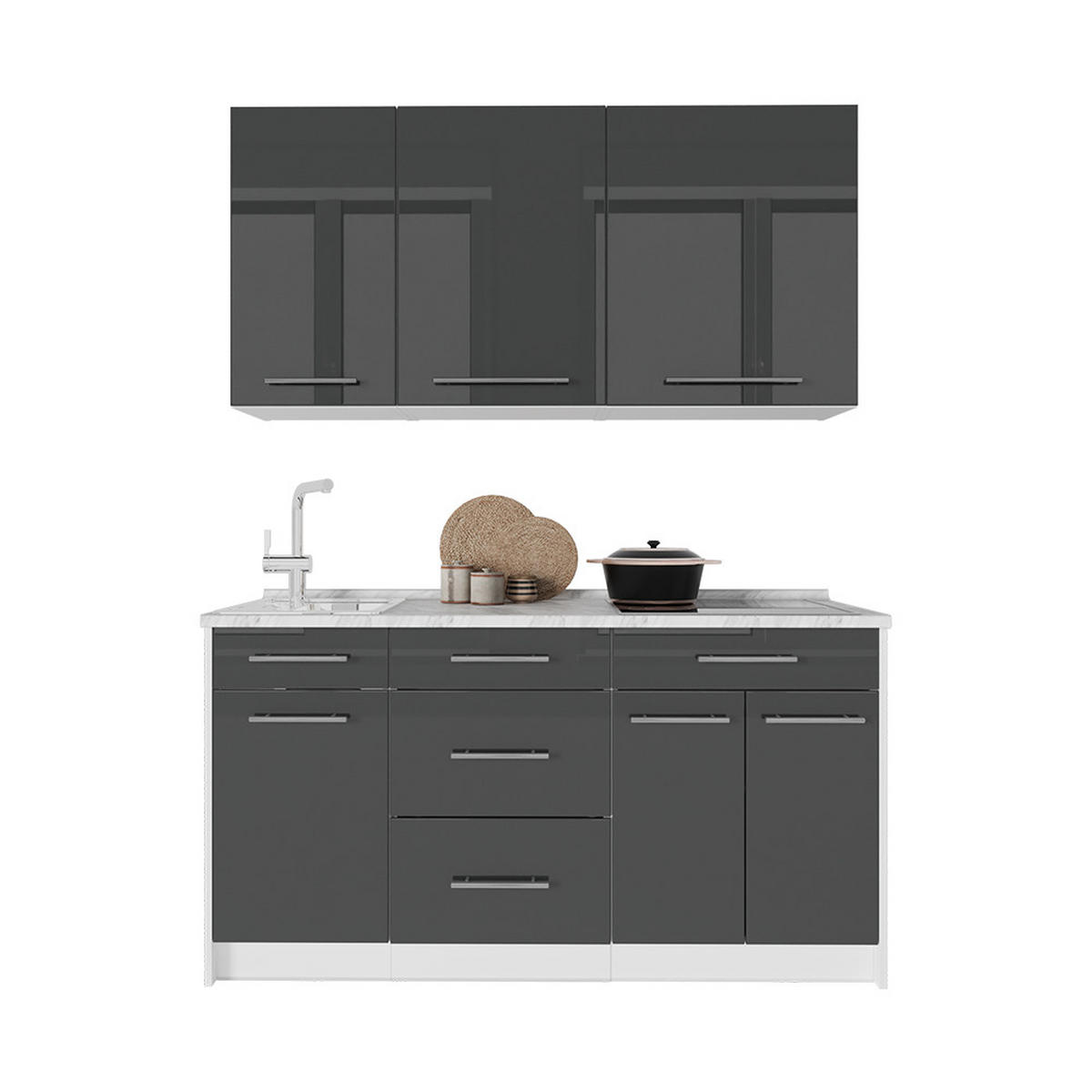 SAMOSTATNÁ KUCHYŇA Fame-Line, Antracit vysoký lesk/biely, 150 cm, AP Marble - biela/čierna s vysokým leskom, kompozitné drevo (150/82/60cm) - Vicco