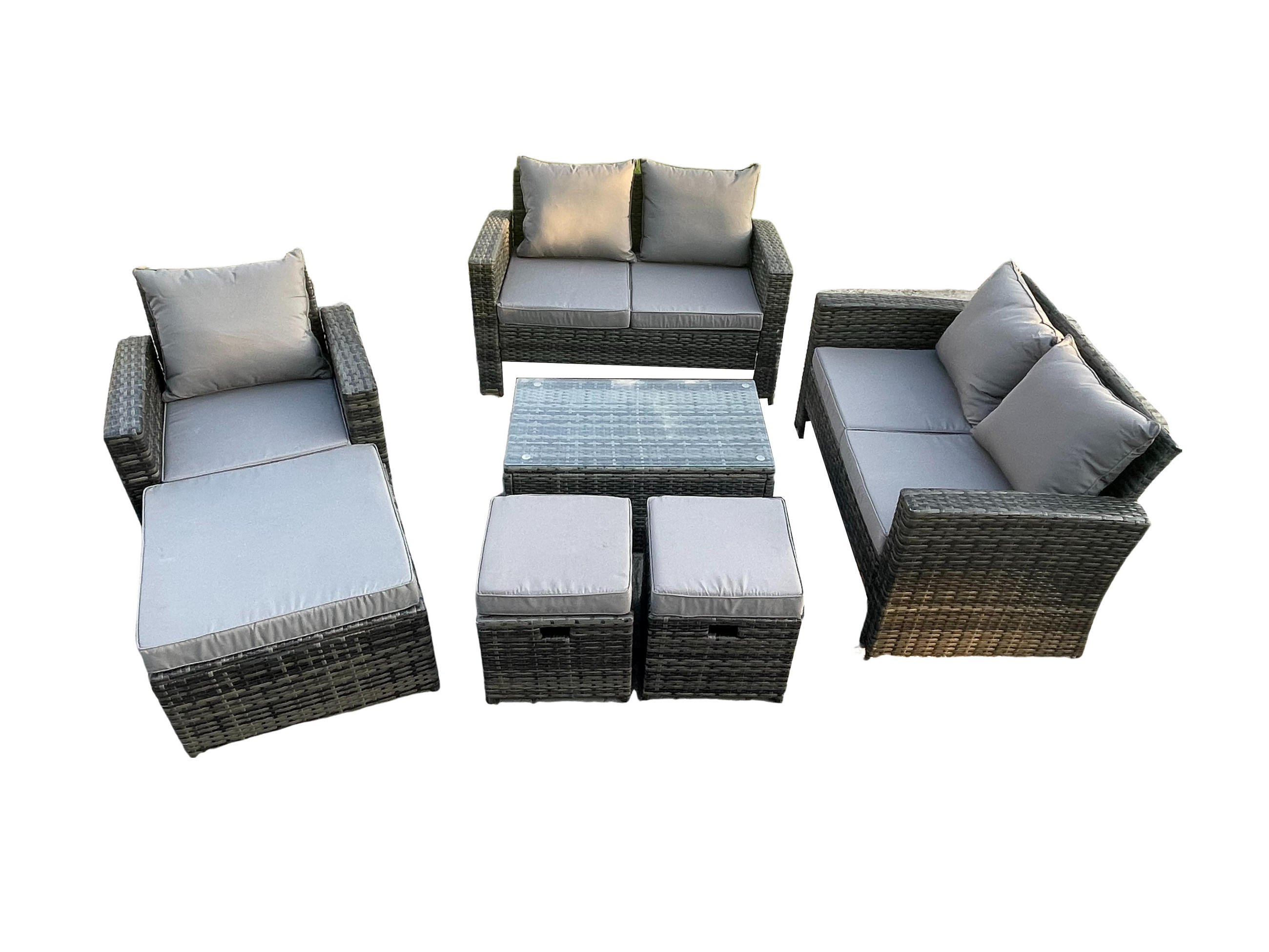 GARTENMÖBEL-SET SOFA STUHL COUCHTISCH 3 HOCKER Polyrattan Dunkelgrau Gemischt 8-Sitzer - Dunkelgrau, Metall - Fimous