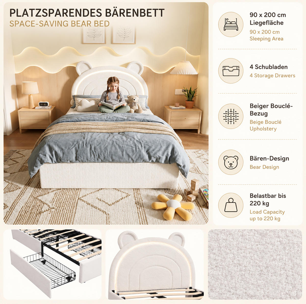 KINDER-POLSTERBETT aus Samt 90x200 cm Beige mit Bären-Kopfteil, 4 Schubladen und App-LED-Beleuchtung - Beige, Textil (90/200cm) - Modfu