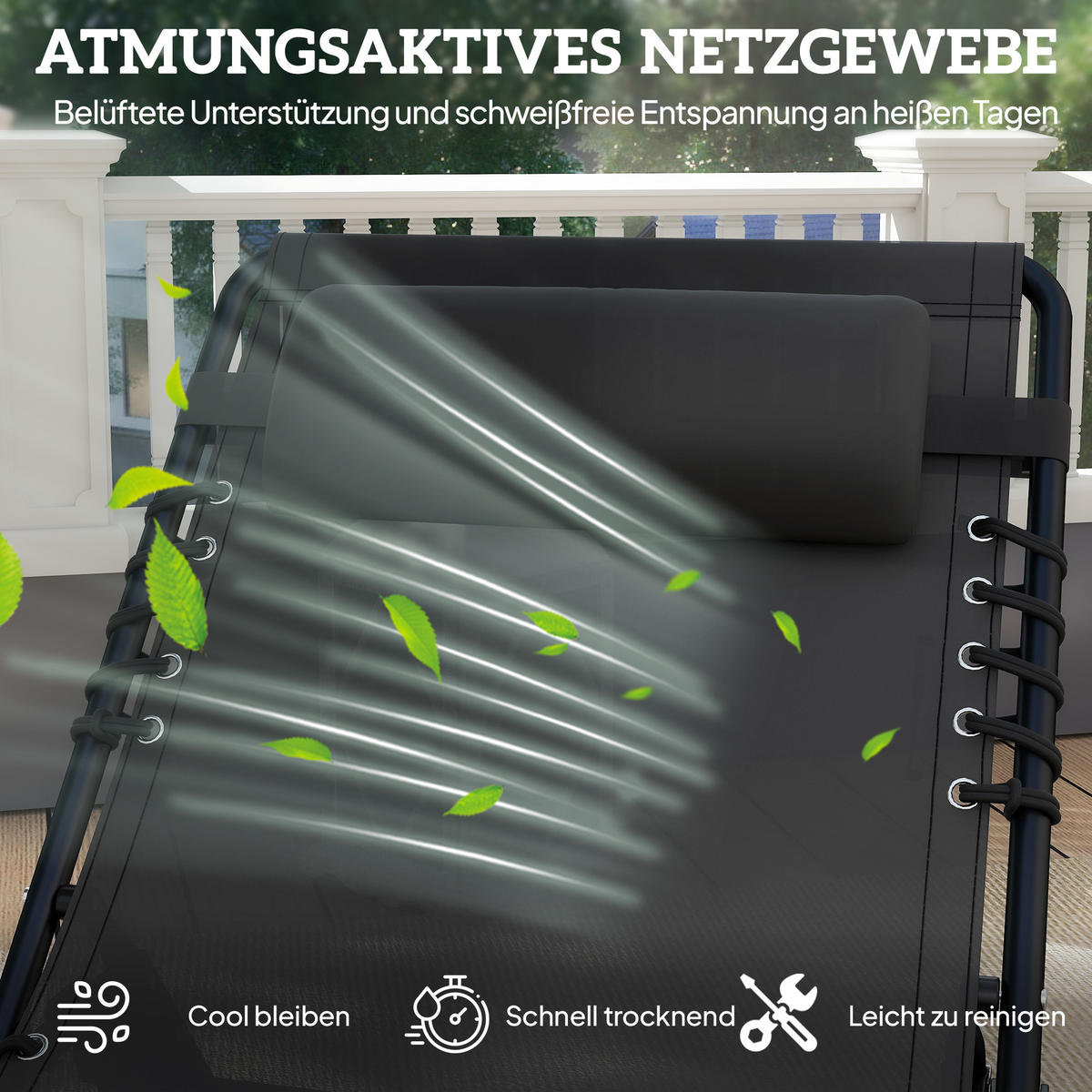 GARTENLIEGE 4-stufige Rückenlehne verstellbar Stahl Mesh-Stoff Schwarz 197 x 58 x 30 cm - Schwarz, Kunststoff/Metall (58/30/189cm) - Outsunny