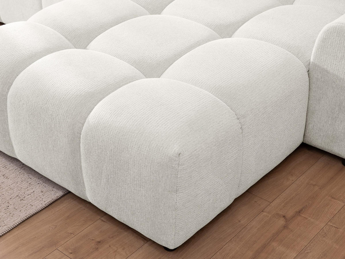 ECKSOFA inkl. Hocker Bubble mit Schlaffunktion und losen Rückenkissen, Sitzfläche in Bubble-Optik aus weichem Creme Strukturstoff - Ottomane Rechts - Creme/Schwarz, Holz/Kunststoff (306/180cm) - S-Style Möbel