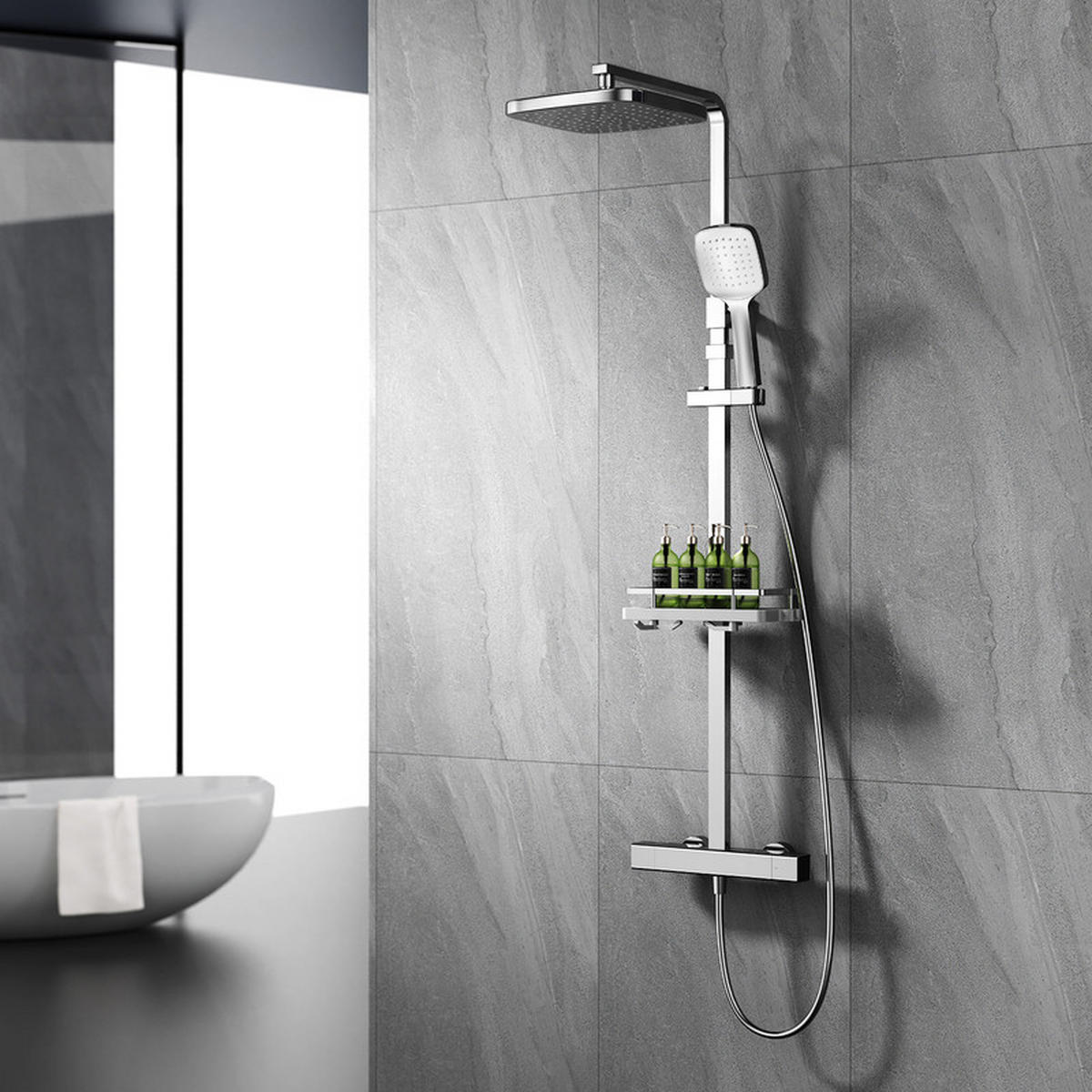 DUSCHSYSTEM Chrom Thermostat Regendusche Ablage - Chromfarben, Metall (39/13.8/85.5cm) - HOMELODY