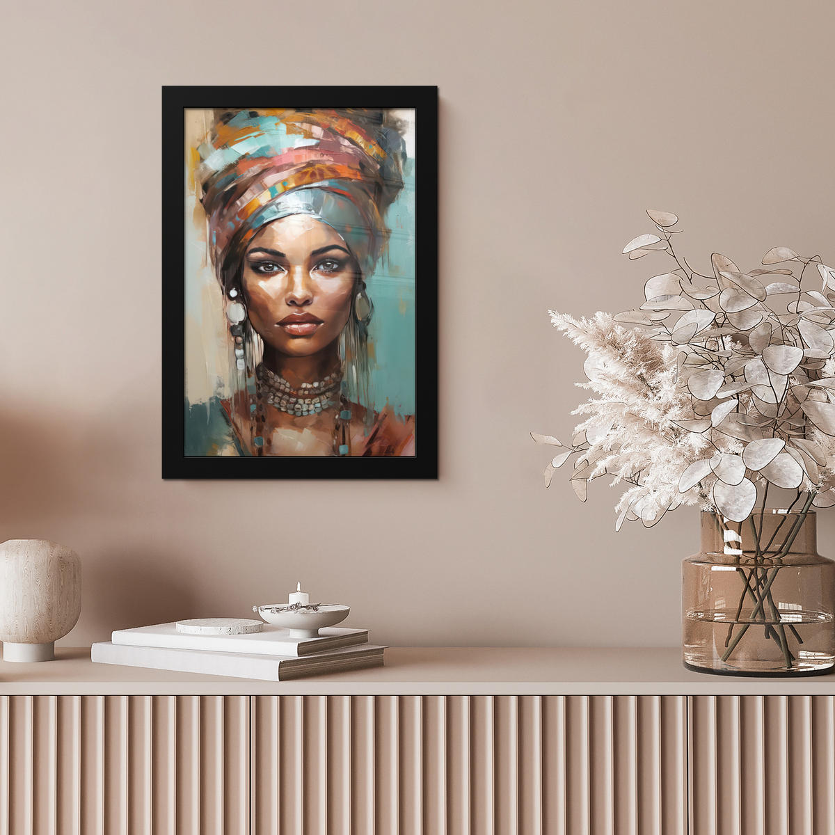 GERAHMTES BILD Frau - Kunst - Schmuck - Porträt 20x30 cm - Blaugrau, Papier (20/30cm) - MuchoWow