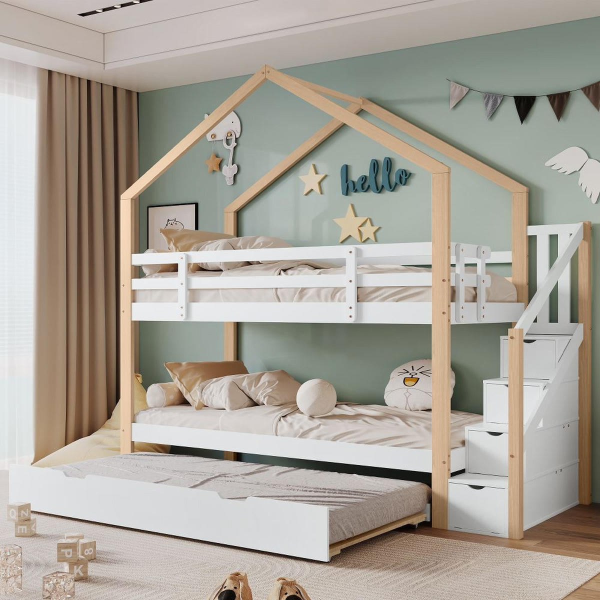 HAUSEBETT 90/200 cm mit Schiebebett in Natur und Weiß - Naturfarben, Holz (90/200cm) - KOMHTOM
