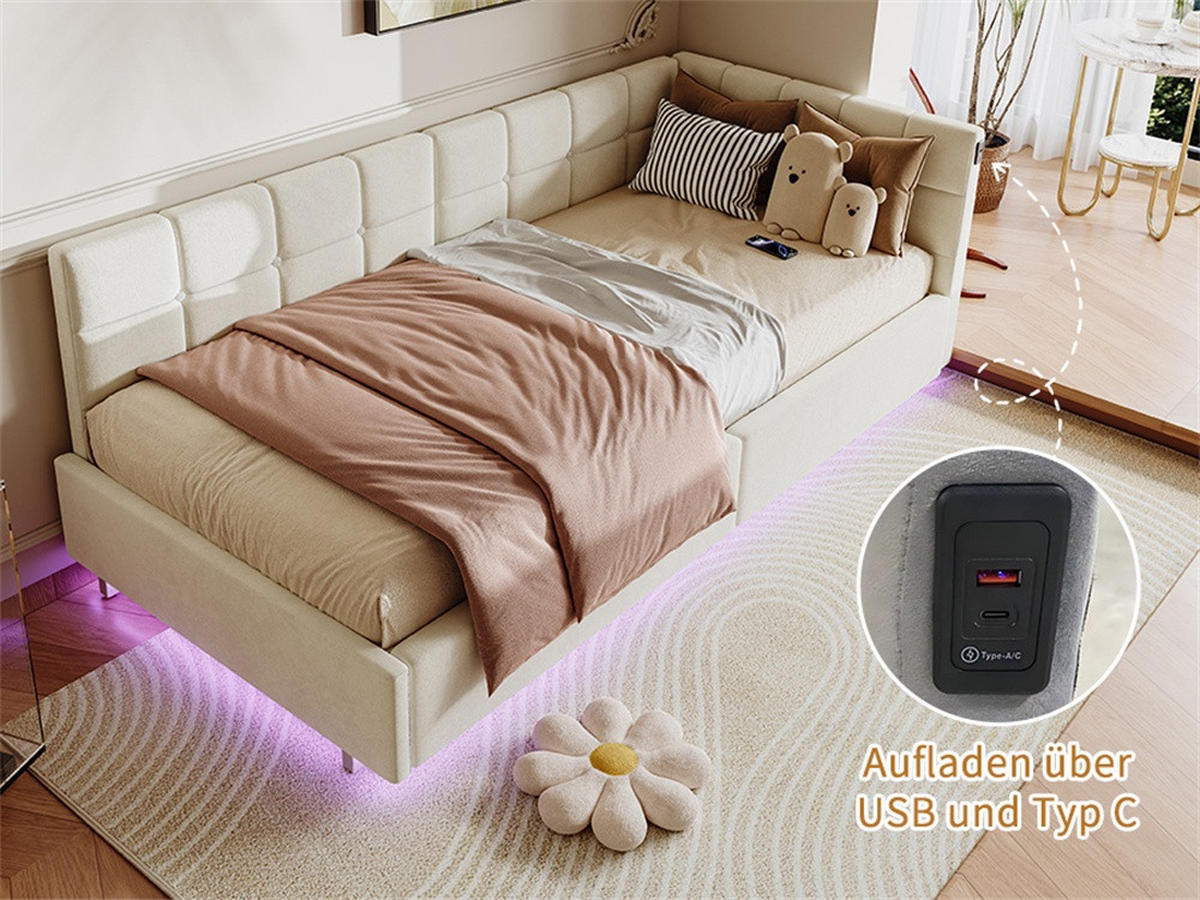 POLSTERBETT 90x200 cm mit LED und hydraulischer Hebefunktion - ohne Matratze - Creme - Creme, Textil (90/200cm) - DELFA