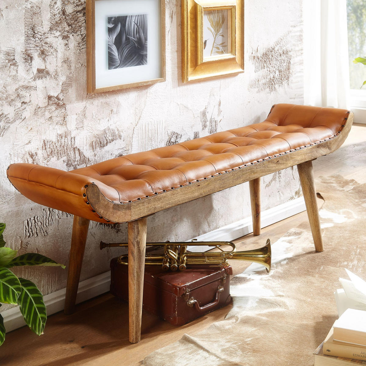SITZBANK Massivholz Chesterfield Muster, Braun 125x38x50 cm - Braun, Mangoholz/Leder (125/50/38cm) - KADIMA DESIGN
