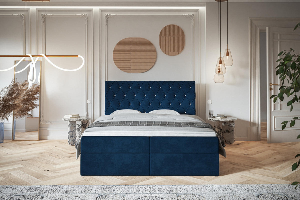 BOXBETT BOSTON mit 2 Bettkästen, 160x200, Farbe: Dunkelblau, Velourstoff, Doppelbett mit Bonell-Matratze - Dunkelblau, Holz/Kunststoff (160/200cm) - Alpi-Möbel