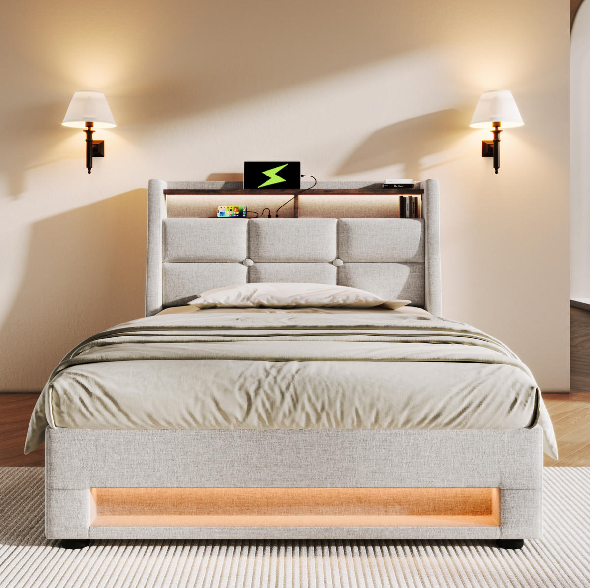 POLSTERBETT 90/200 cm Hellbeige aus Leinenmaterial mit LED und USB - Beige, Textil (90/200cm) - OKMYHOME