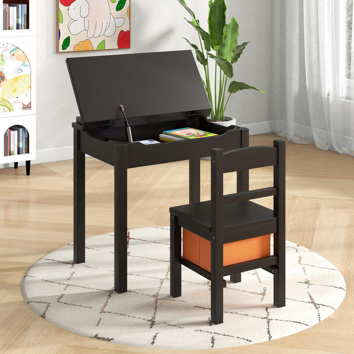 KINDERTISCH‑SET aus Massivholz braun(2-tlg) - Braun, Holz (59/55/40cm) - COSTWAY