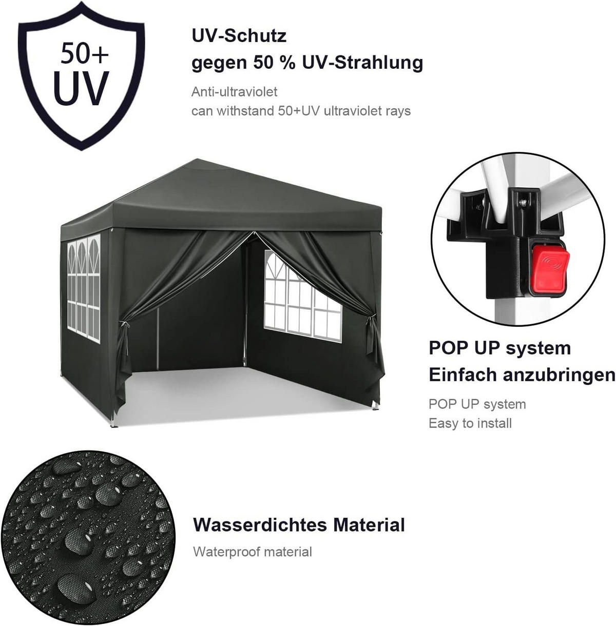 PAVILLON Pop-Up wasserdichter Faltpavillon, aus Oxford Metallrahmen 3 x 3 m - Grau, Metall (300/300/260cm) - Woltu
