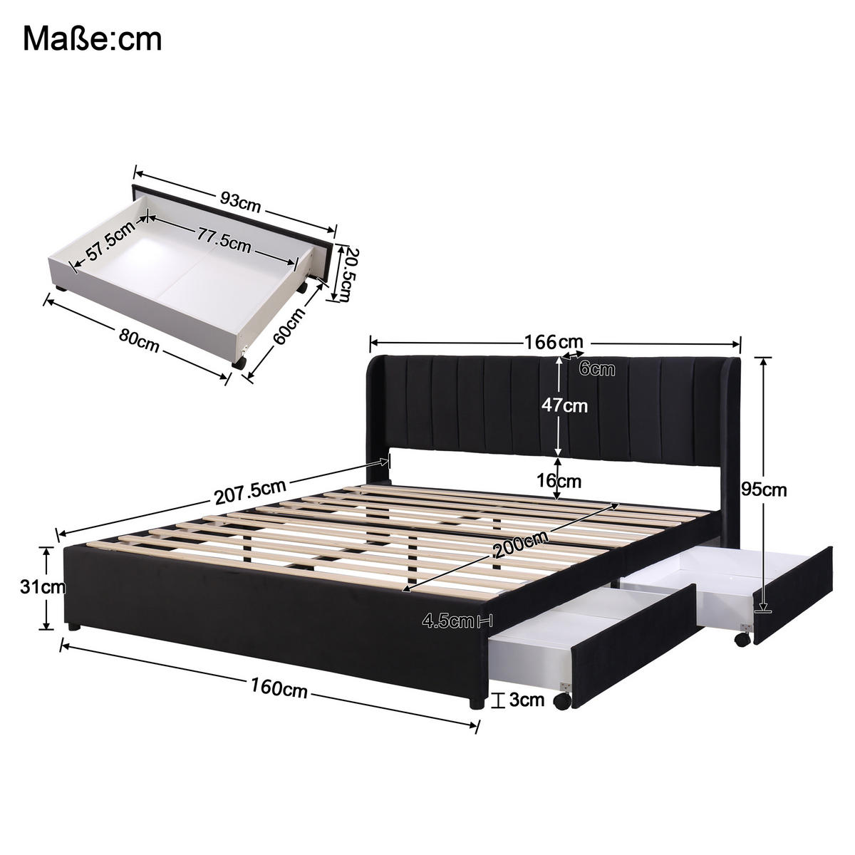 POLSTERBETT 160/200 cm Schwarz aus Samt mit Stauraum und Lattenrost - Schwarz, Textil (160/200cm) - OKWISH