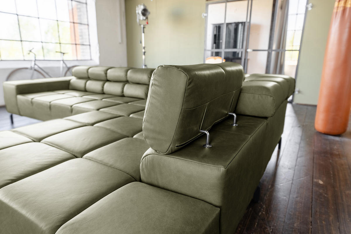 ECKSOFA NELSON Grün Leder Relaxfunktion - Schwarz/Olivgrün, Leder/Metall (321/216cm) - KAWOLA