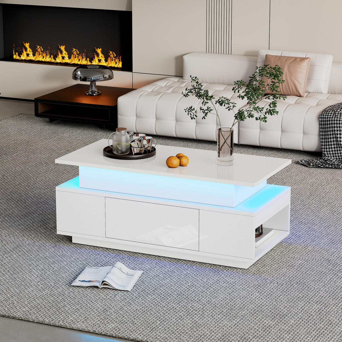 COUCHTISCH höhenverstellbar Weiß 96x45x40cm LED Stauraum - Weiß, Holzwerkstoff (96/45/40cm) - FLIEKS