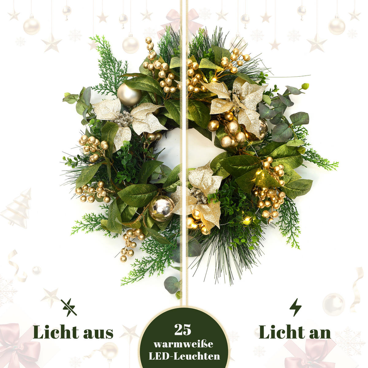 40 cm Weihnachtskranz mit LED&Timer, Goldblüten & Eukalyptus - Grün, Kunststoff (50cm) - Hometopia